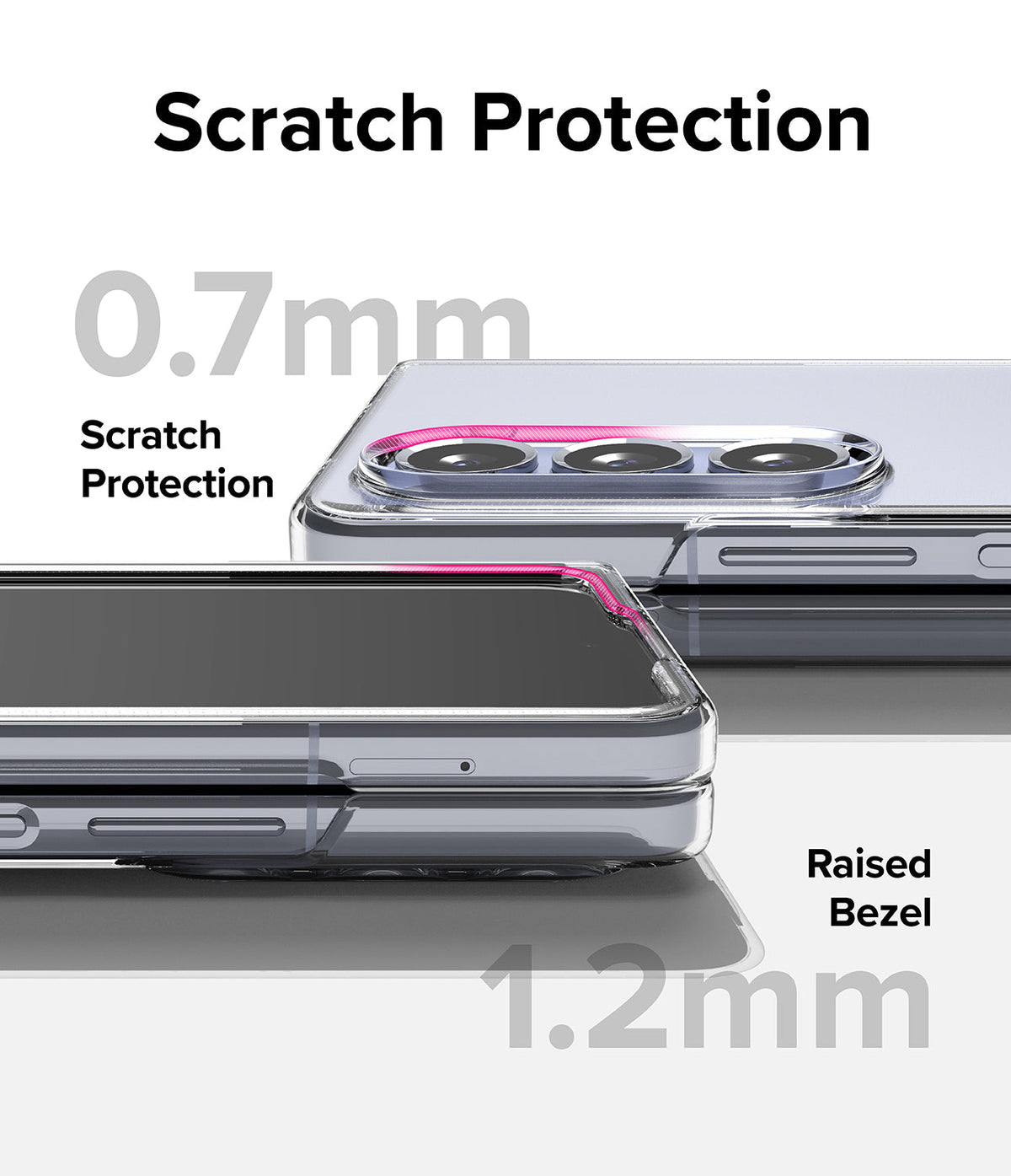 Galaxy Z Fold 5 Case | Slim - Close-up of a clear phone case showing 0.7mm camera and 1.2mm screen raised bezel protection.