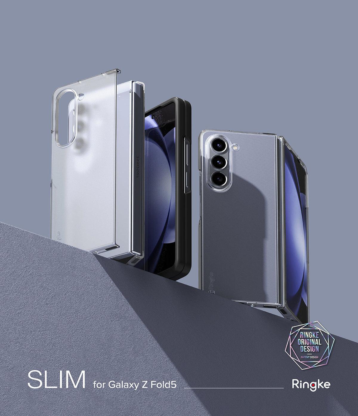 Galaxy Z Fold 5 Case | Slim - Two clear protective cases displayed on a gray ledge with a Galaxy Z Fold 5 phone.