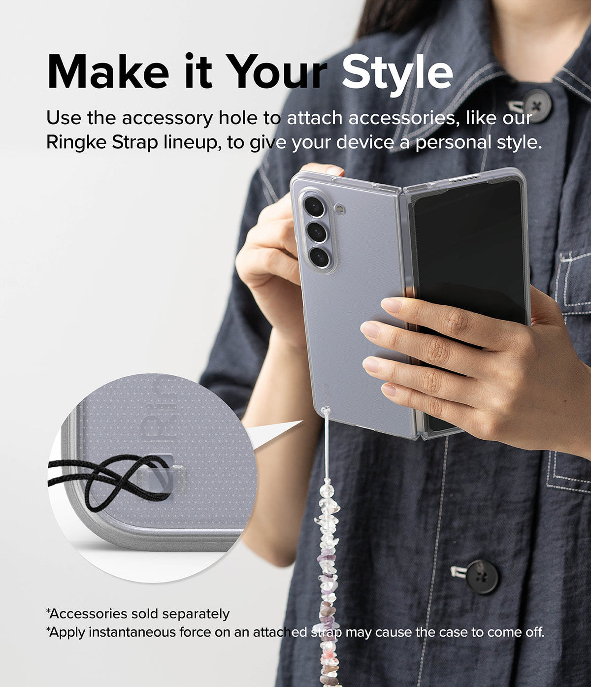 Galaxy Z Fold 5 Case | Slim - Person holding a folded phone with a beaded strap attached to the case's accessory hole.