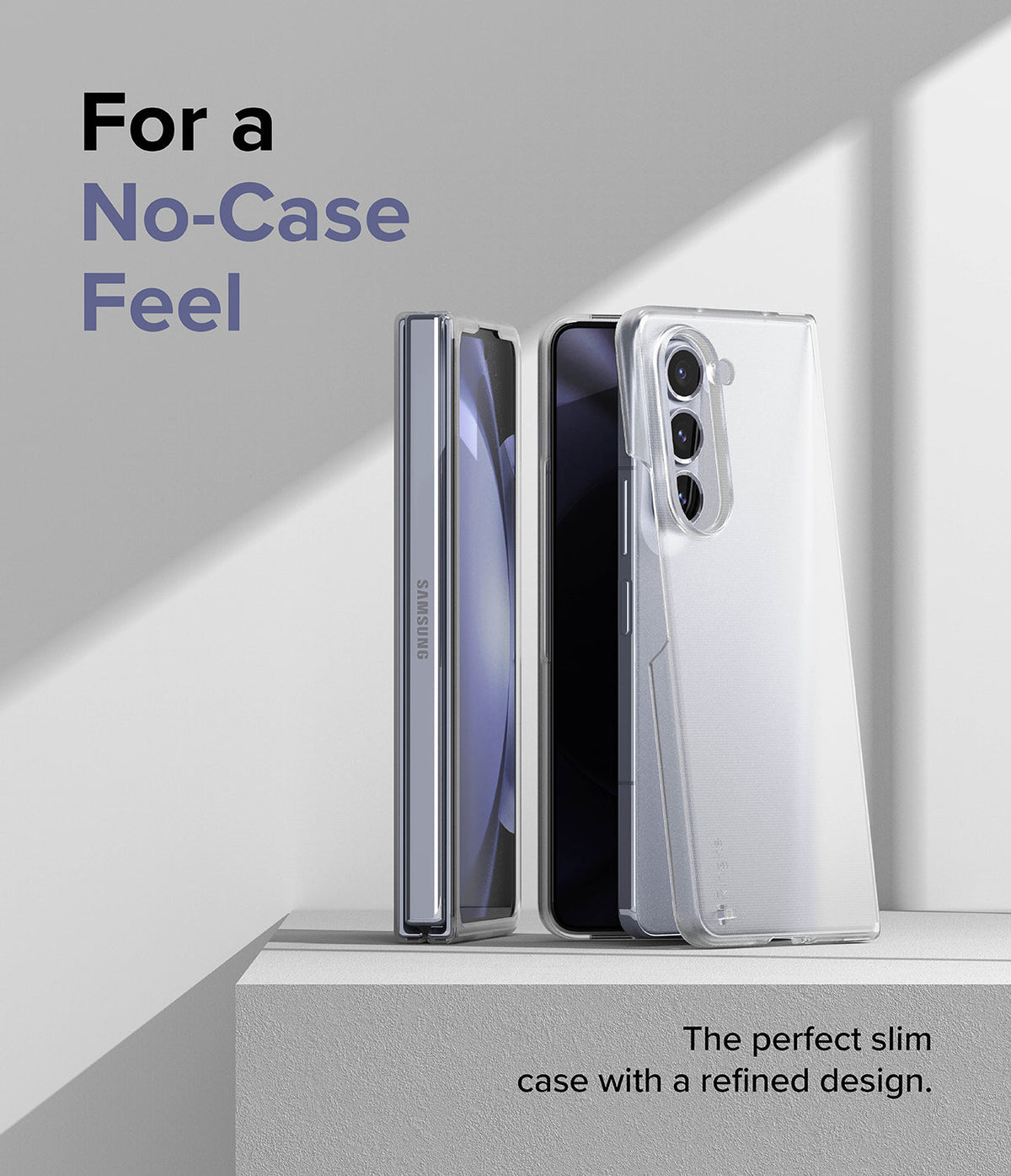 Galaxy Z Fold 5 Case | Slim - A clear, slim case beside a folded Samsung Galaxy Z Fold 5 on a white pedestal.