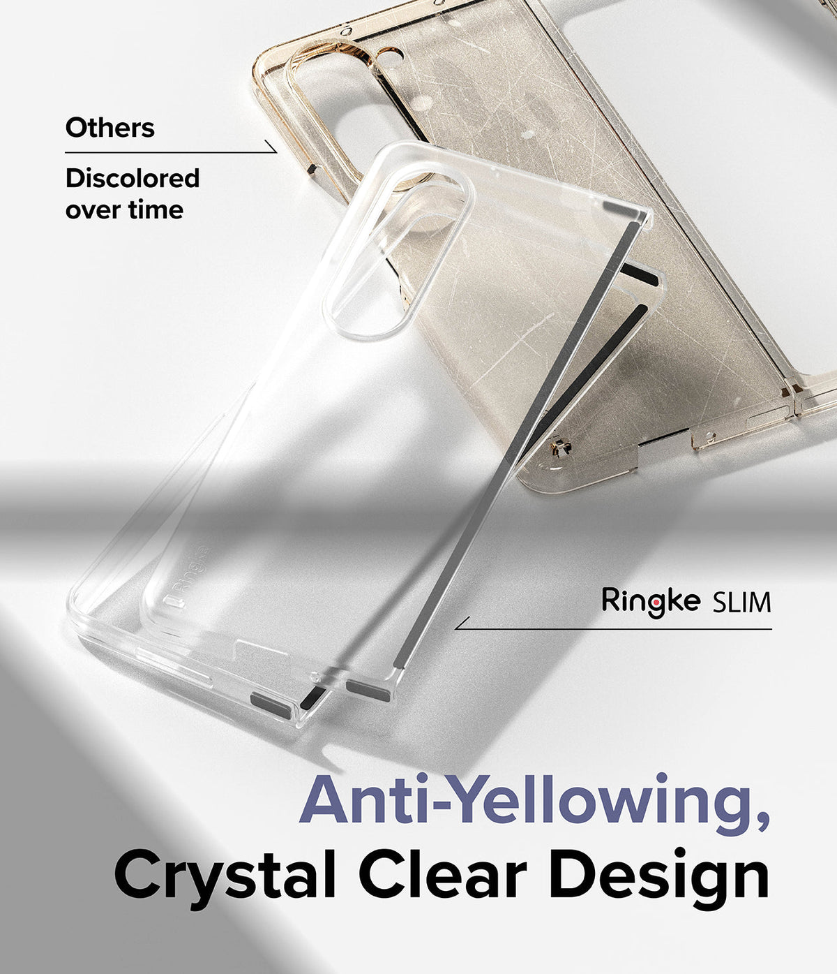 Galaxy Z Fold 5 Case | Slim - Comparison of a clear Ringke case against a discolored yellowed case for Galaxy Z Fold 5.