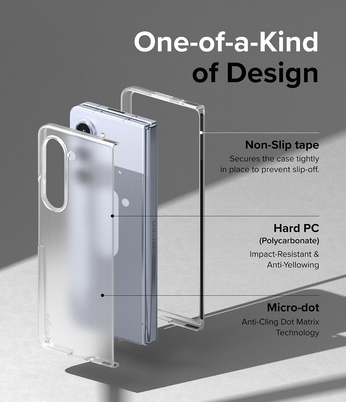 Galaxy Z Fold 5 Case | Slim - Exploded view of a clear phone case highlighting non-slip tape, hard polycarbonate, and micro-dot technology.