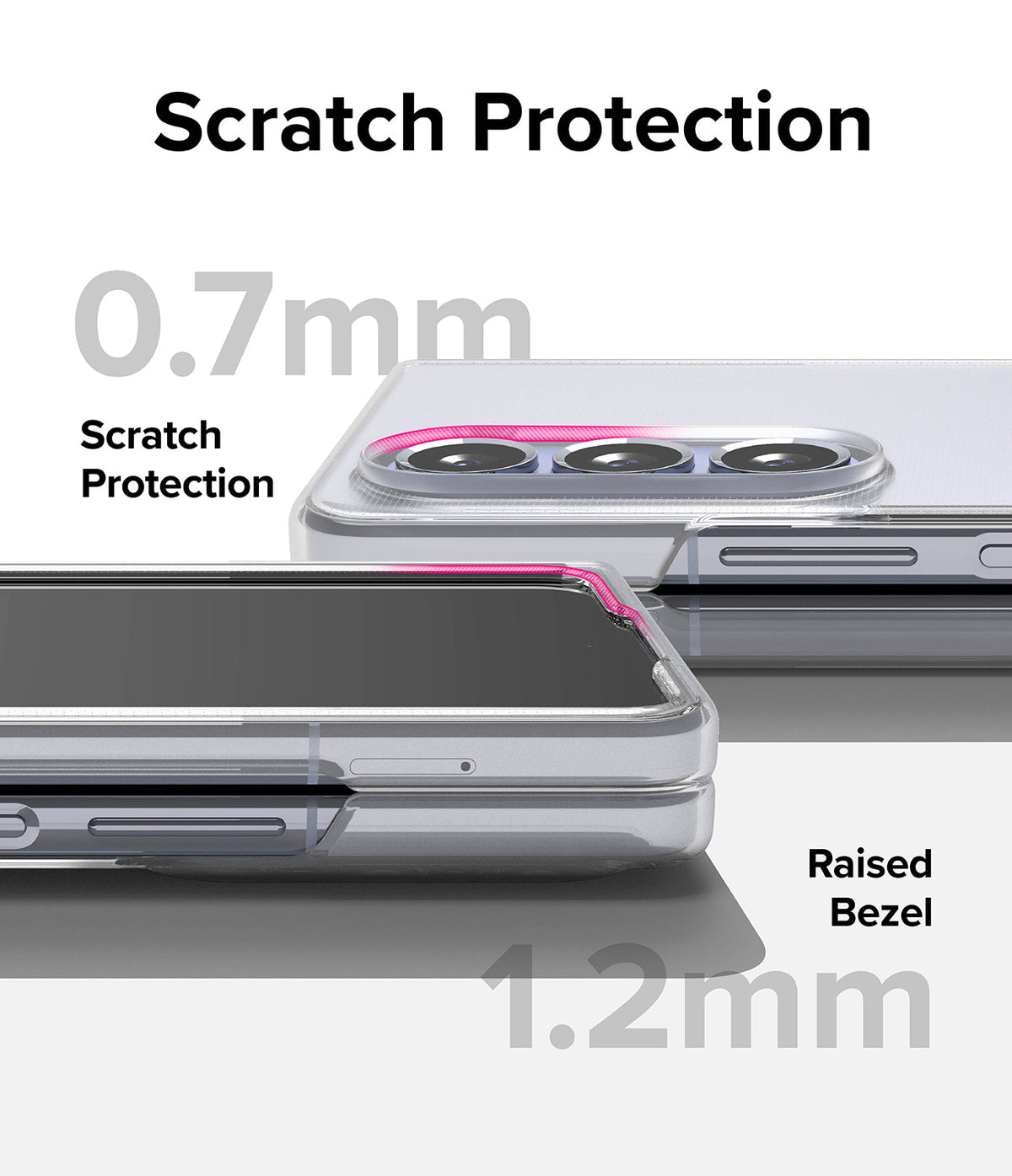 Galaxy Z Fold 5 Case | Slim - Close-up of a clear phone case highlighting 0.7mm camera and 1.2mm screen raised bezels.