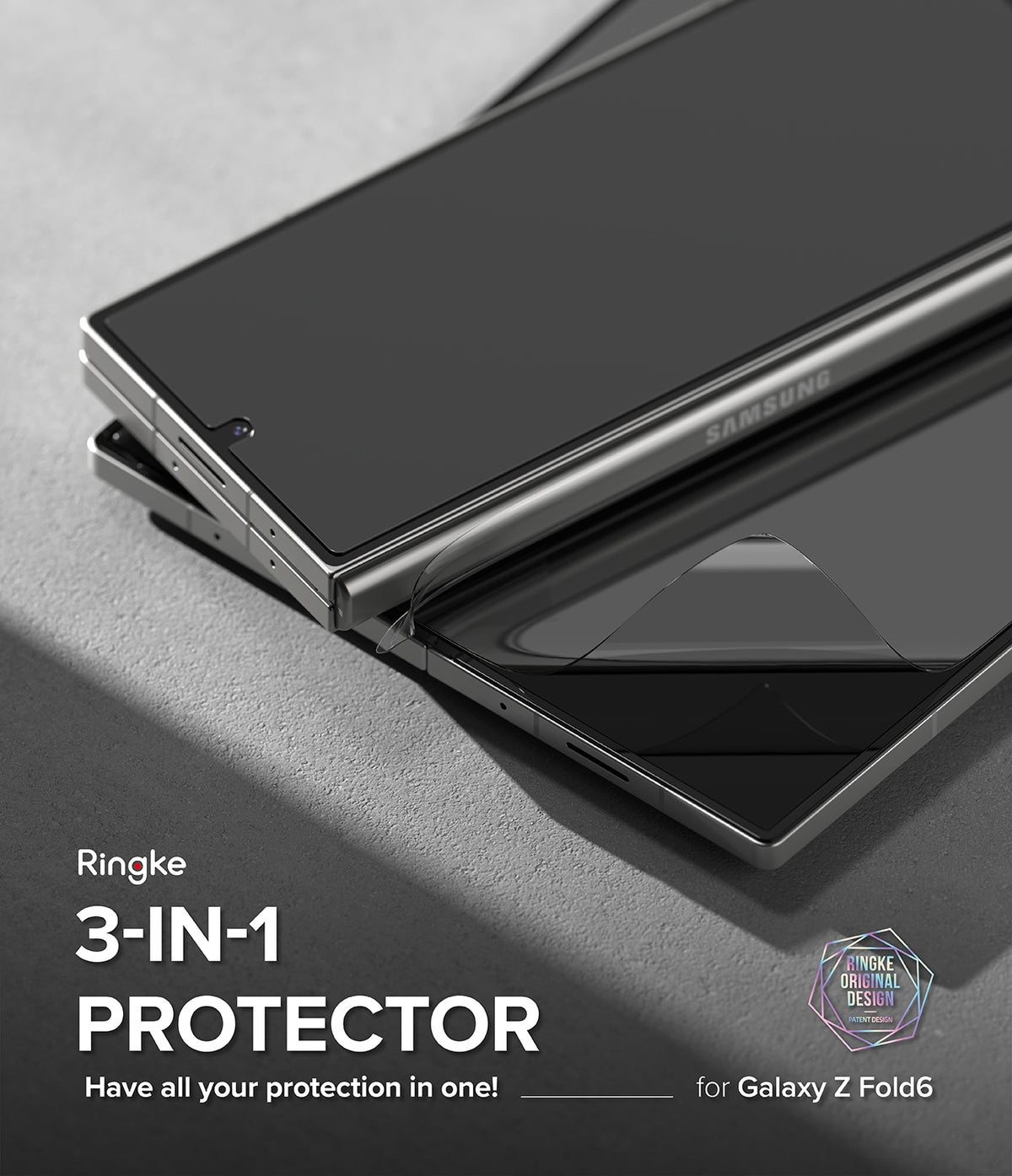 Galaxy Z Fold 6 | 3-in-1 Protector - A folded Galaxy Z Fold 6 with a screen protector being applied to the front display.