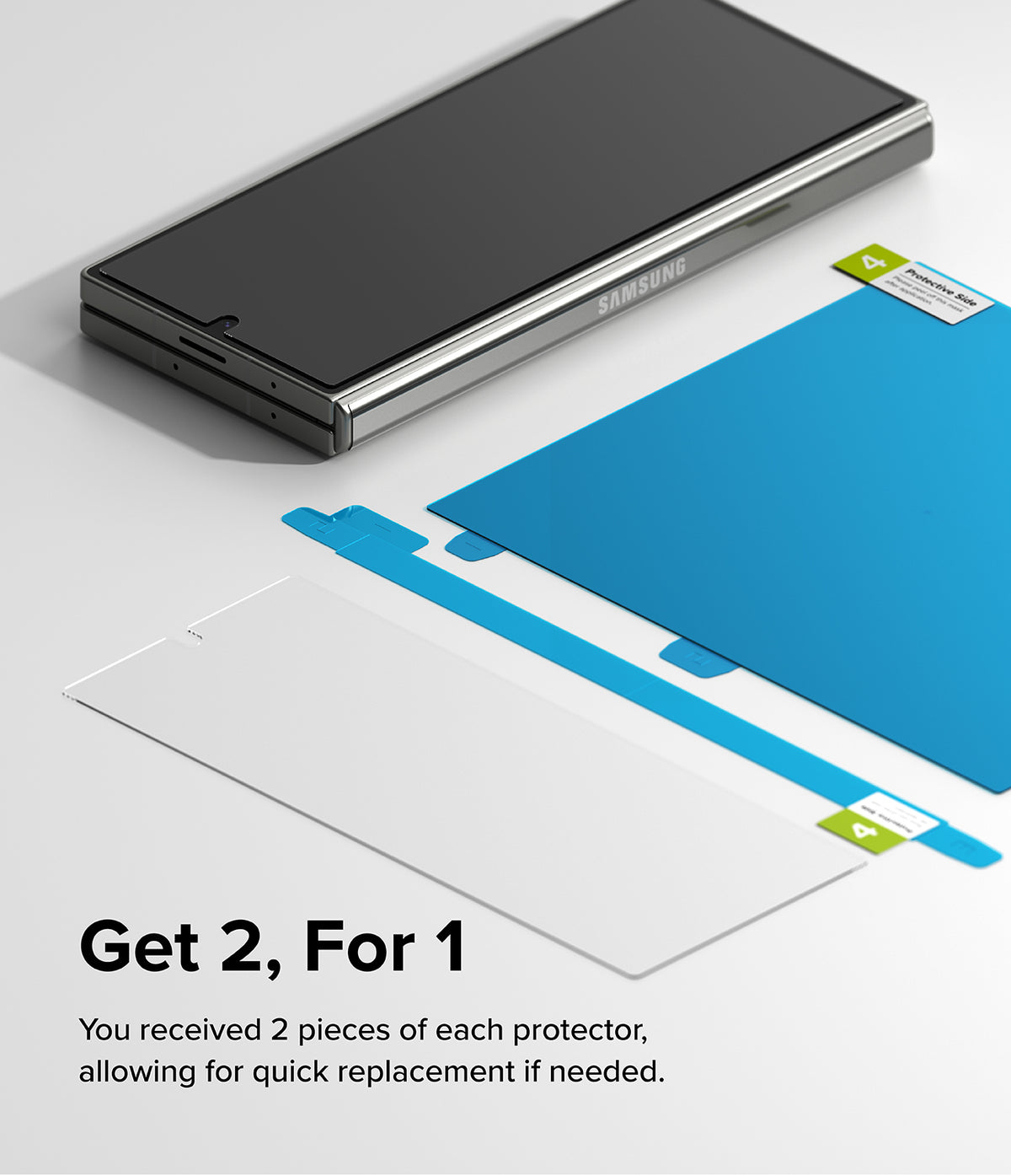 Galaxy Z Fold 6 | 3-in-1 Protector - Folded smartphone next to screen protector layers with blue backing and numbered tabs.