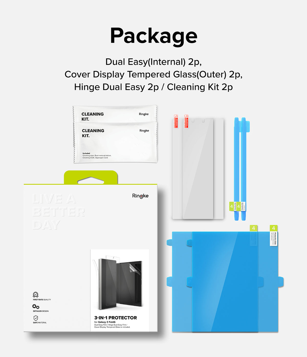Galaxy Z Fold 6 | 3-in-1 Protector - Package contents including cleaning kits, screen protectors, and hinge films.