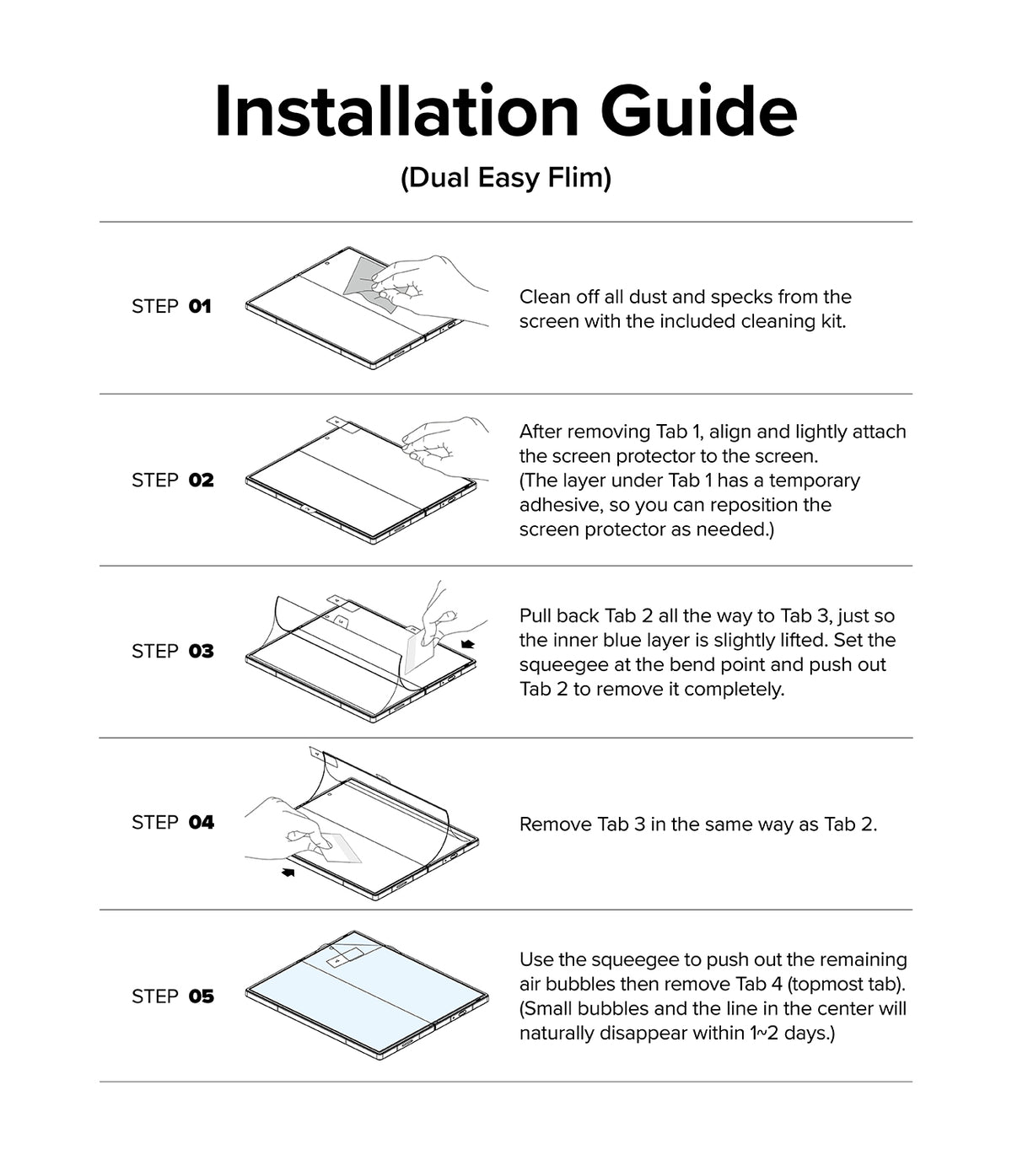 Galaxy Z Fold 6 | 3-in-1 Protector - Five-step illustrated guide showing how to install a screen protector on a foldable phone.