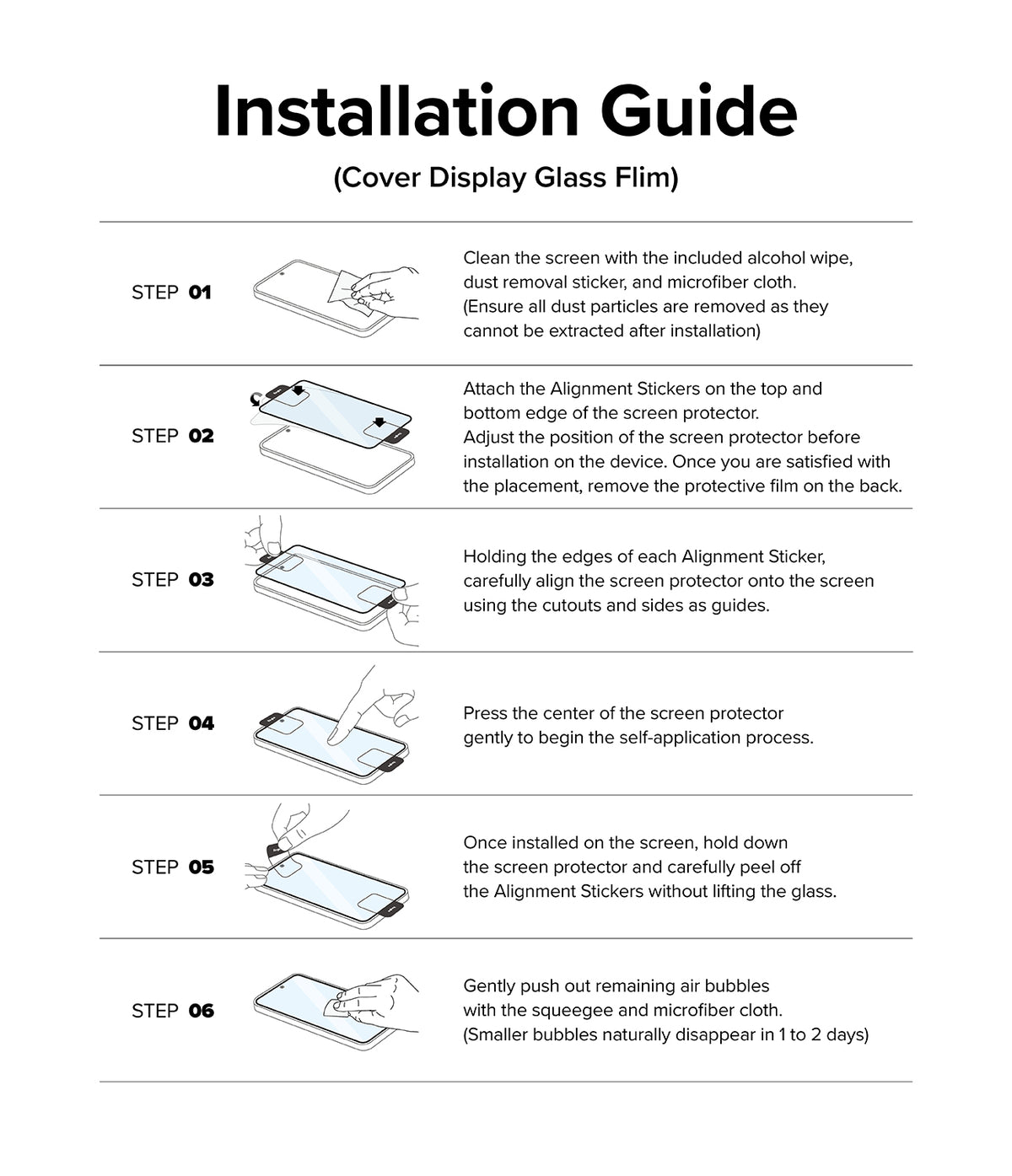 Galaxy Z Fold 6 | 3-in-1 Protector - Six-step illustrated guide for installing a screen protector on a smartphone.