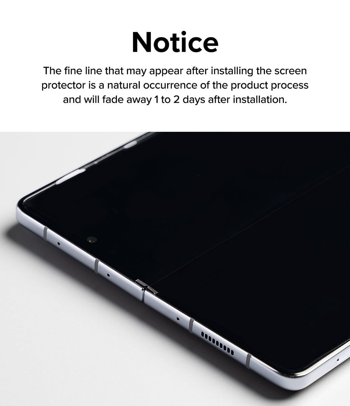 Galaxy Z Fold 6 | 3-in-1 Protector - Notice text about installation lines above a close-up of a folded smartphone screen.