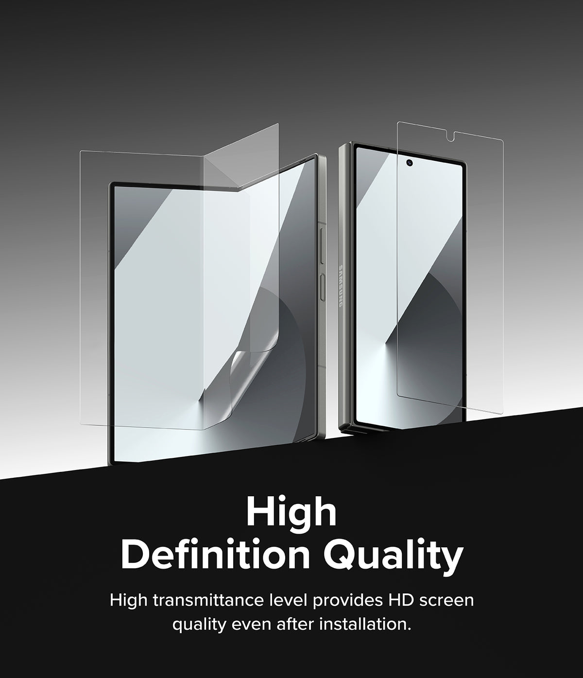 Galaxy Z Fold 6 | 3-in-1 Protector - Transparent screen protectors hovering over a folded and unfolded Galaxy Z Fold 6.