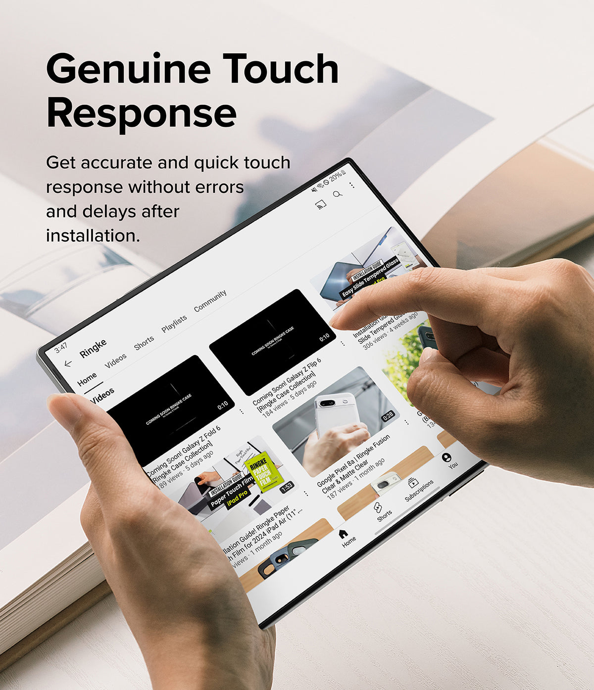Galaxy Z Fold 6 | 3-in-1 Protector - Hands holding a Galaxy Z Fold 6 displaying a YouTube channel with responsive touch.