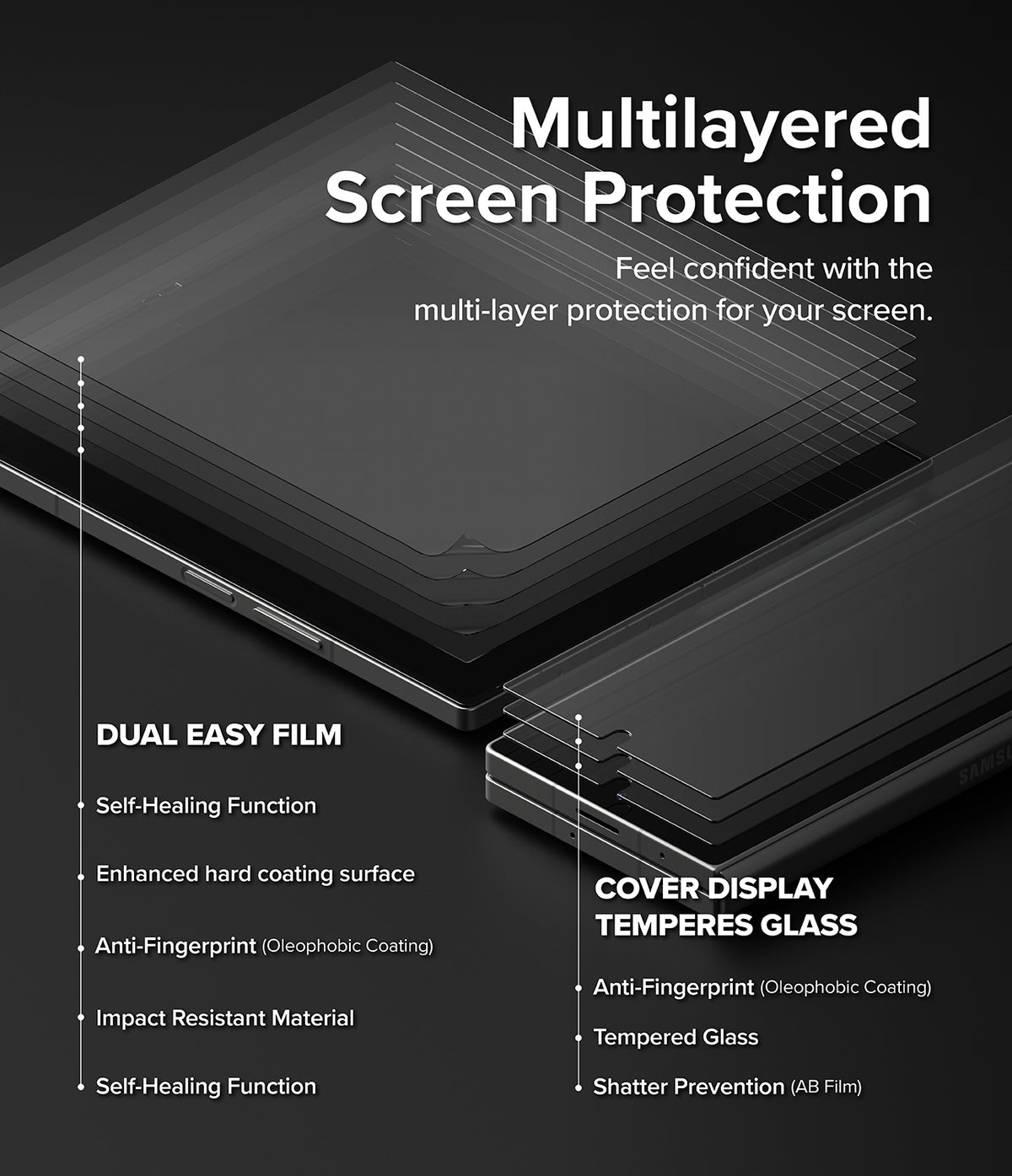 Galaxy Z Fold 6 | 3-in-1 Protector - Diagram showing dual easy film and tempered glass layers for screen protection.