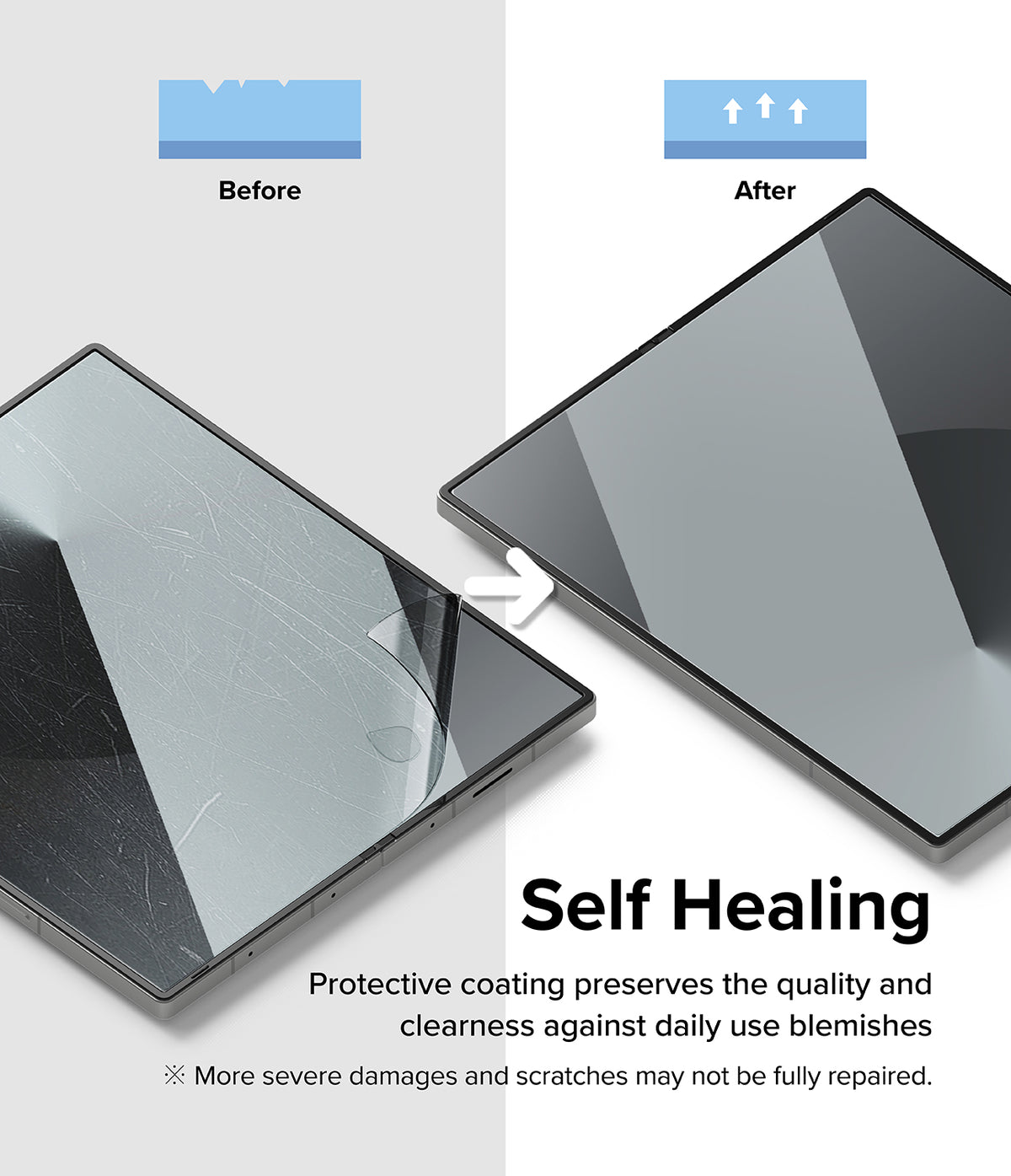 Galaxy Z Fold 6 | 3-in-1 Protector - Comparison showing a scratched phone screen healing into a smooth, clear surface.