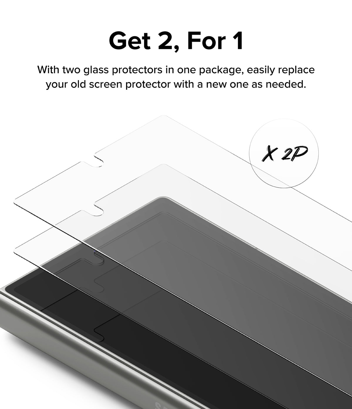 Galaxy Z Fold 6 Screen Protector | Cover Display Glass (2 Pack) - Galaxy Z Fold 6 Screen Protector - Two transparent glass screen protectors stacked above a smartphone cover display.
