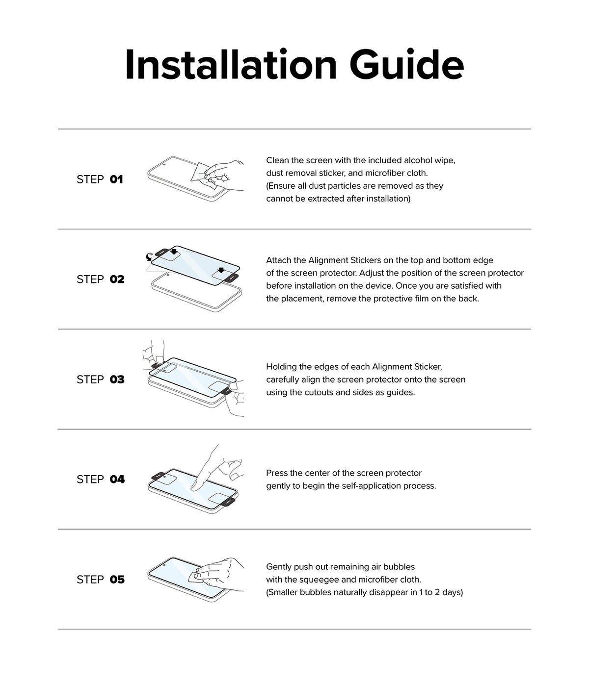 Galaxy Z Fold 6 Screen Protector | Cover Display Glass (2 Pack) - Galaxy Z Fold 6 Screen Protector - Five-step illustrated guide showing how to clean, align, and apply the screen protector.