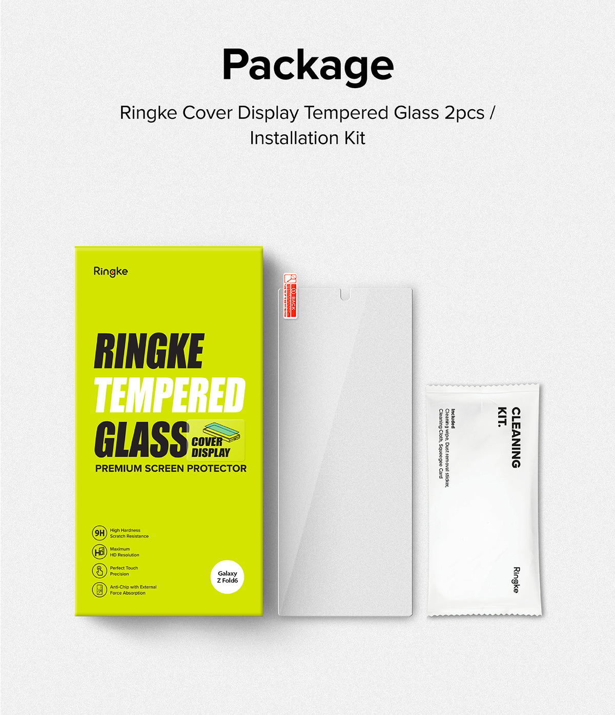 Galaxy Z Fold 6 Screen Protector | Cover Display Glass (2 Pack) - Galaxy Z Fold 6 Screen Protector - Bright yellow box, tempered glass screen protector, and cleaning kit for Galaxy Z Fold 6.