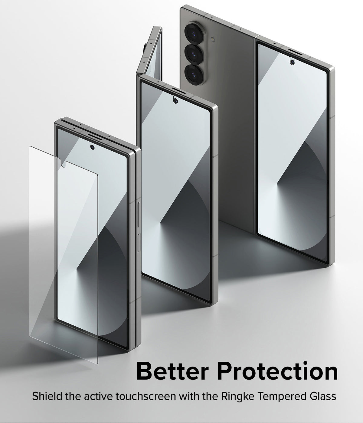 Galaxy Z Fold 6 Screen Protector | Cover Display Glass (2 Pack) - Galaxy Z Fold 6 Screen Protector - Tempered glass sheet floating before a Galaxy Z Fold 6 phone in various folded states.