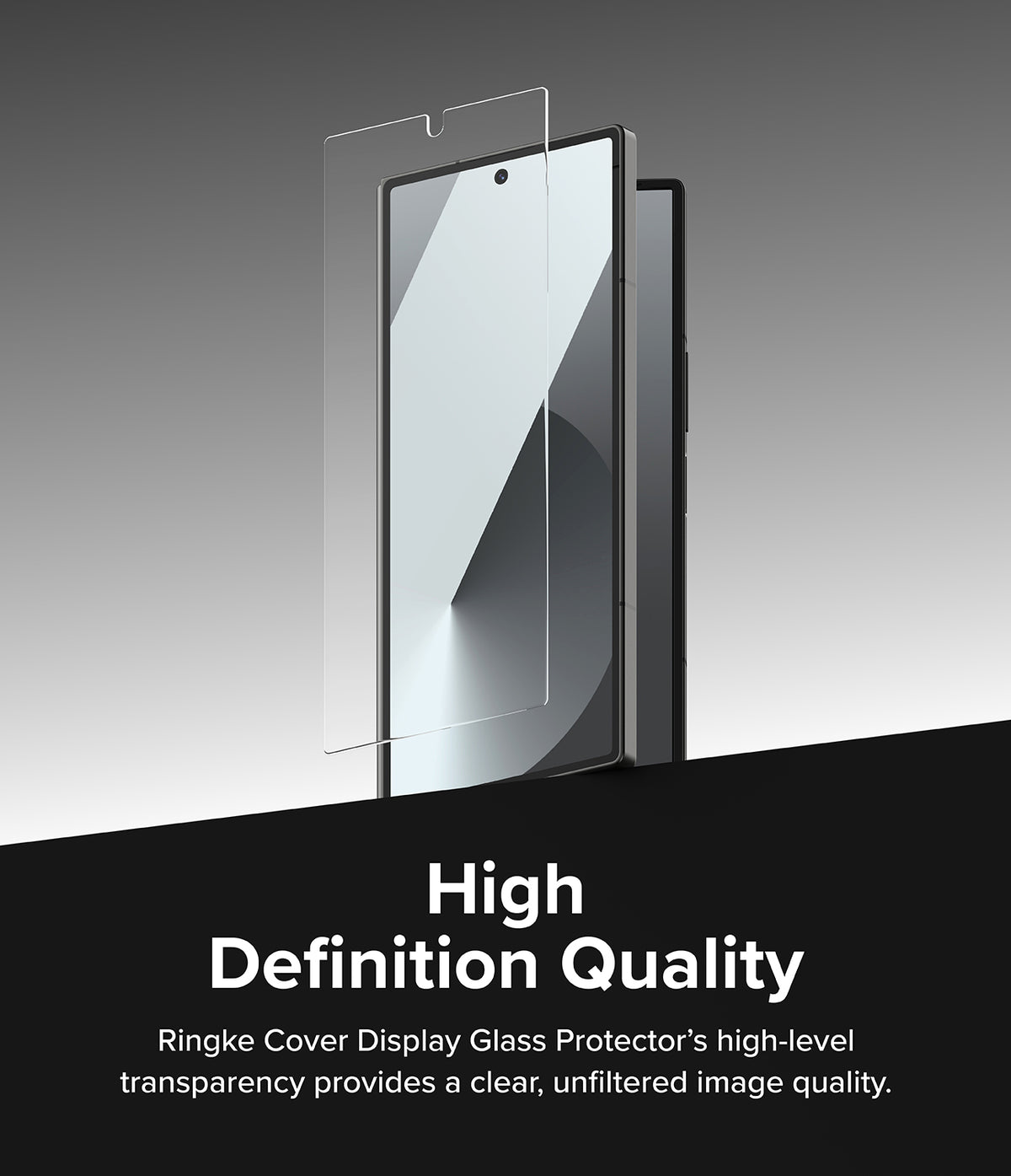Galaxy Z Fold 6 Screen Protector | Cover Display Glass (2 Pack) - Galaxy Z Fold 6 Screen Protector - Transparent glass screen protector hovering over a Galaxy Z Fold 6 cover display.