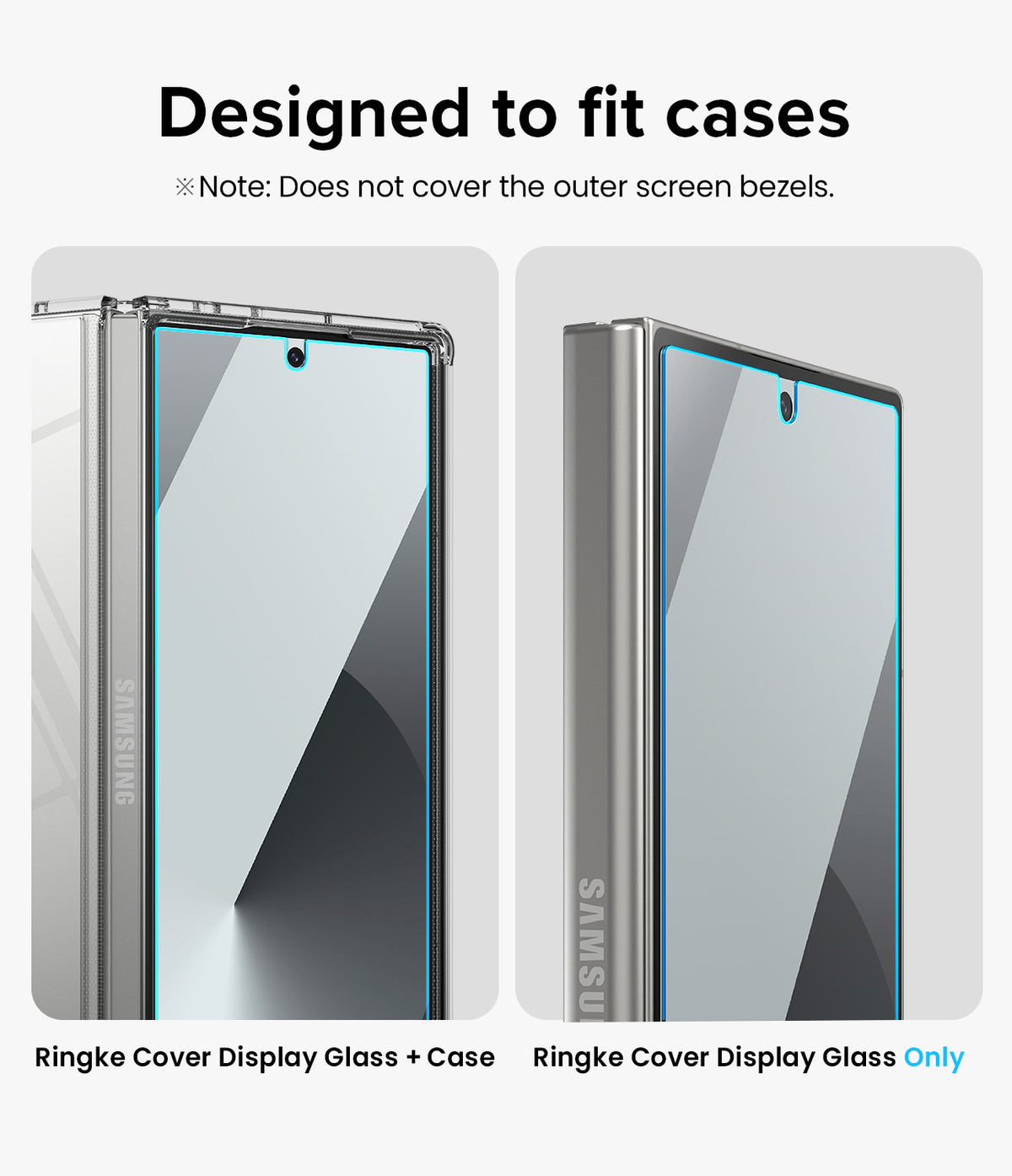 Galaxy Z Fold 6 Screen Protector | Cover Display Glass (2 Pack) - Galaxy Z Fold 6 Screen Protector - Two views of a phone screen protector showing case compatibility and edge clearance.