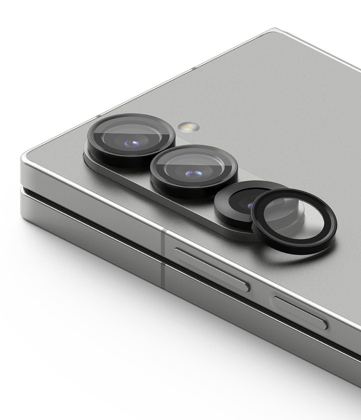 Galaxy Z Fold 6 | Camera Lens Frame Glass (2 Pack) - Silver phone with black circular lens protectors applied.