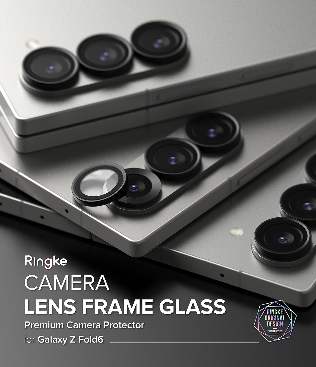 Galaxy Z Fold 6 | Camera Lens Frame Glass (2 Pack) - Silver Galaxy Z Fold 6 phones with black camera lens protectors.