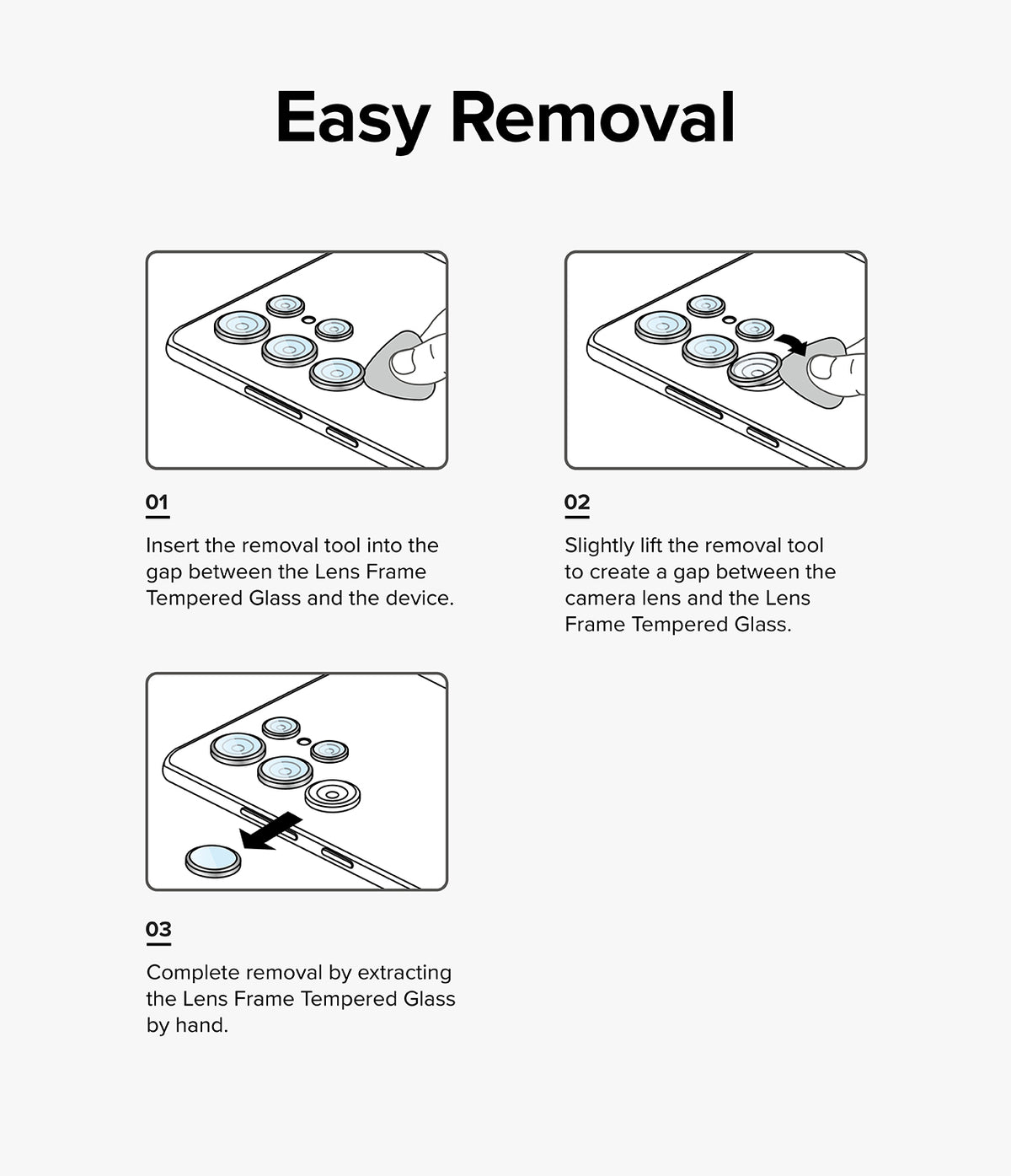 Galaxy Z Fold 6 | Camera Lens Frame Glass (2 Pack) - Galaxy Z Fold 6 | Camera Lens Frame Glass - Three-step instructional diagram showing how to remove lens protectors.