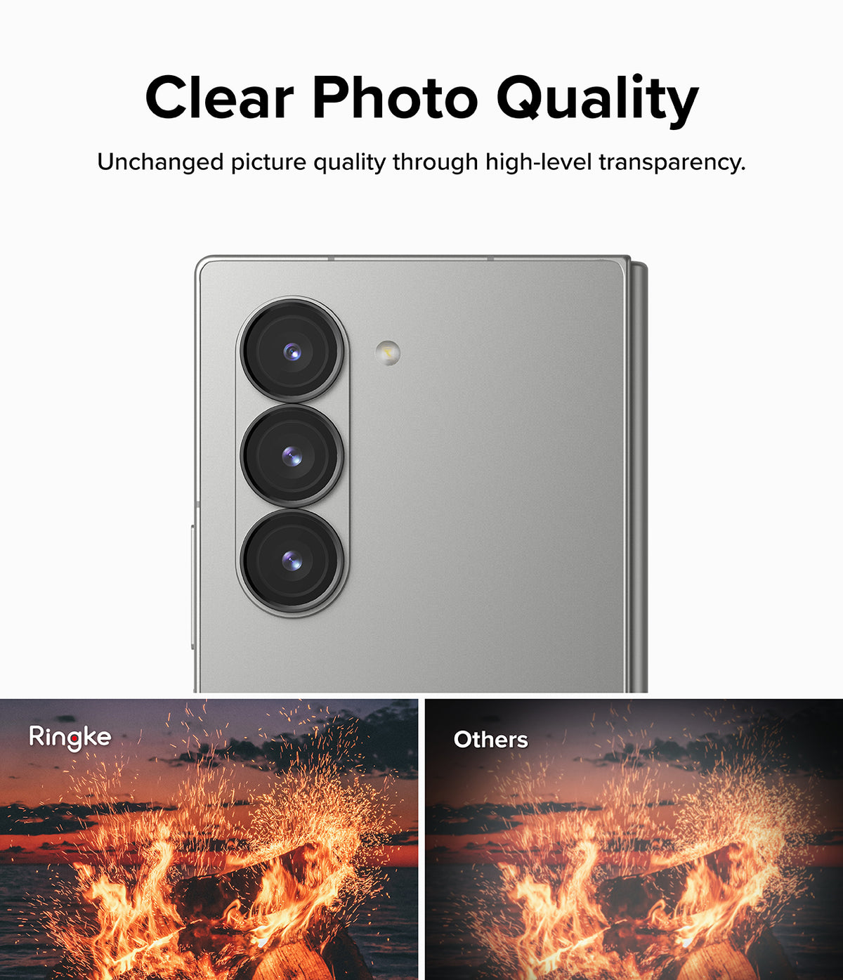 Galaxy Z Fold 6 | Camera Lens Frame Glass (2 Pack) - Galaxy Z Fold 6 | Camera lens glass showing clear photo quality compared to a blurry competitor image of a campfire.