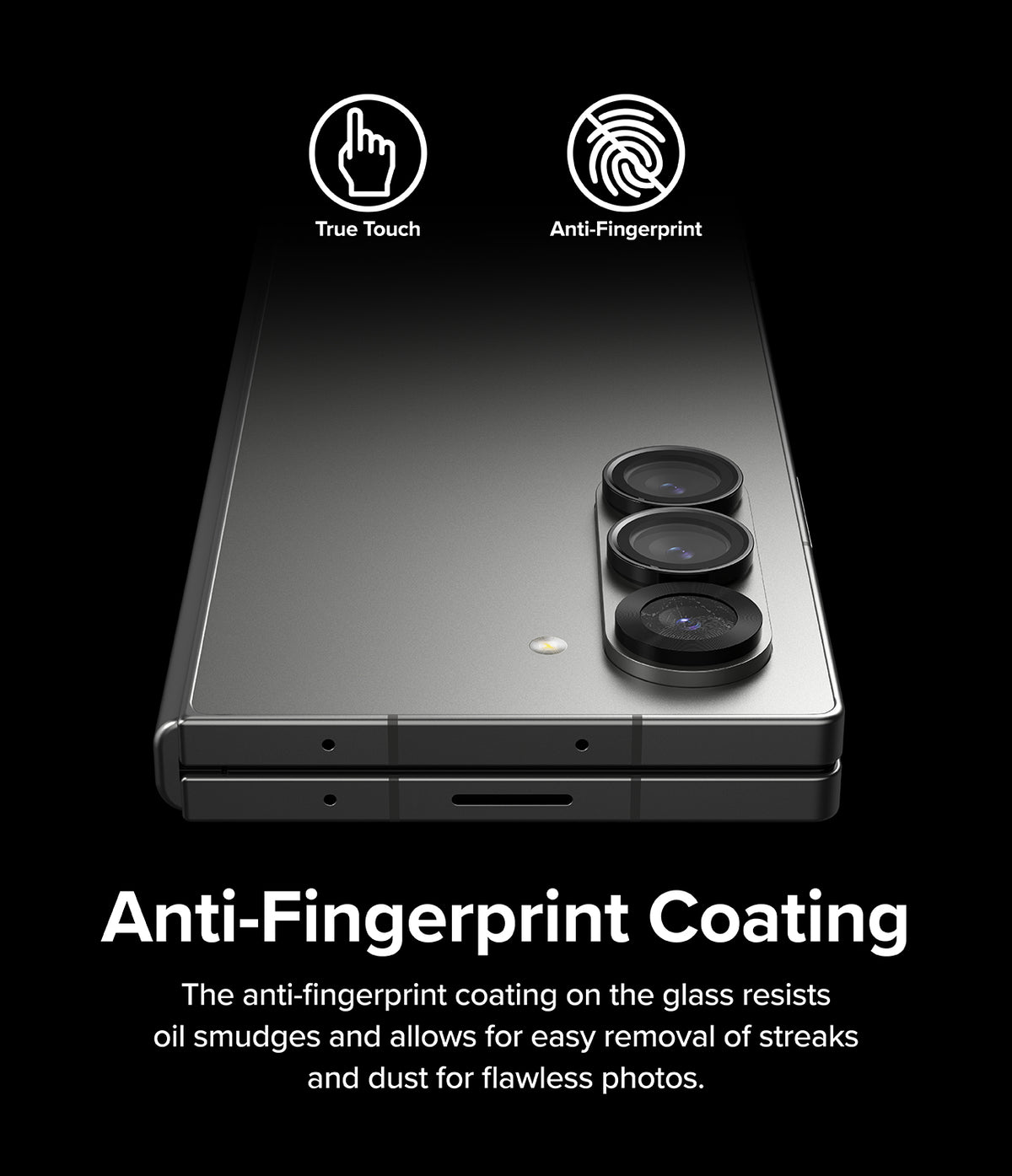 Galaxy Z Fold 6 | Camera Lens Frame Glass (2 Pack) - Galaxy Z Fold 6 | Camera lens protectors on a smartphone with True Touch and Anti-Fingerprint icons on a black background.