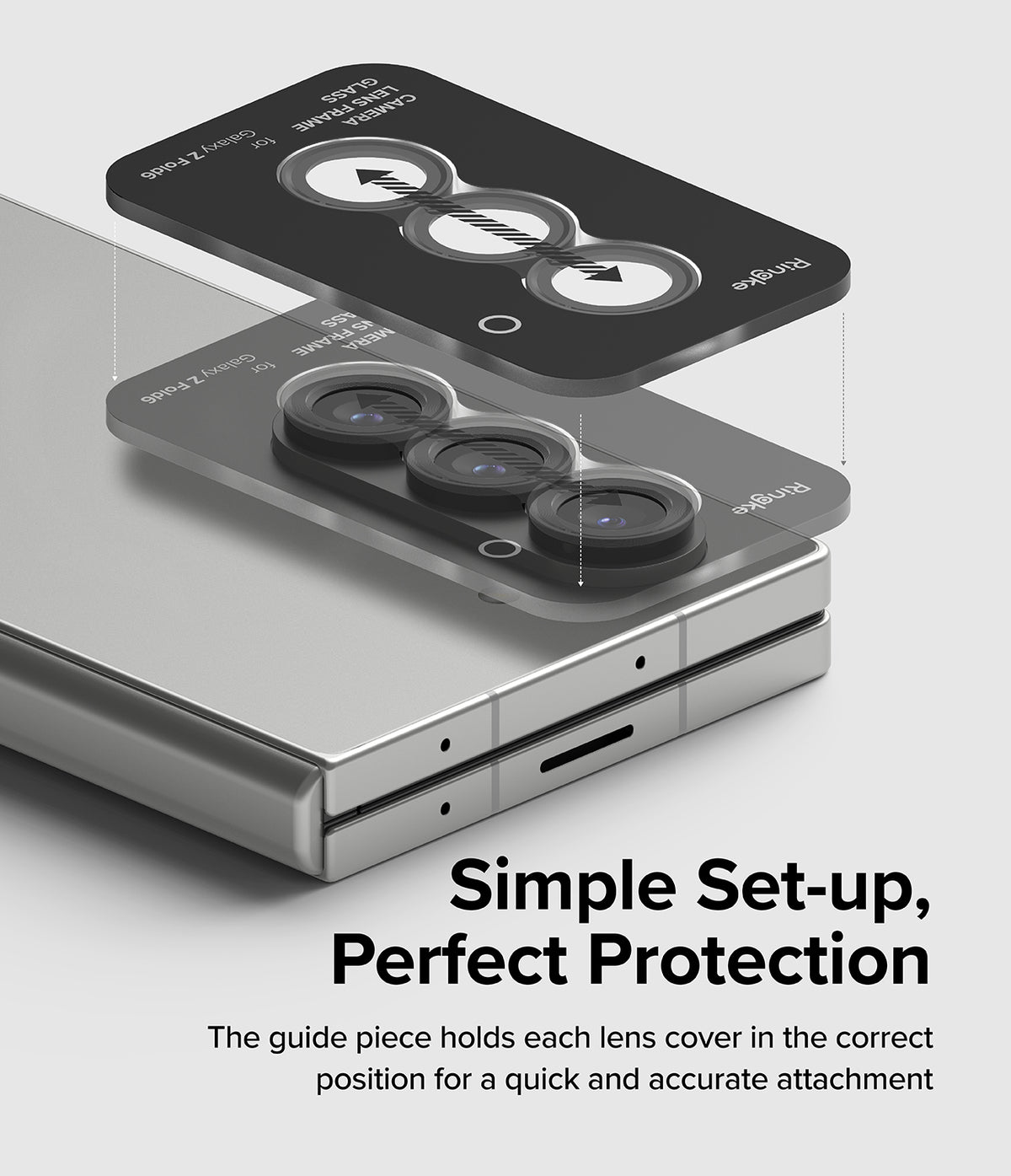 Galaxy Z Fold 6 | Camera Lens Frame Glass (2 Pack) - Exploded view showing camera lens protectors aligning onto phone.