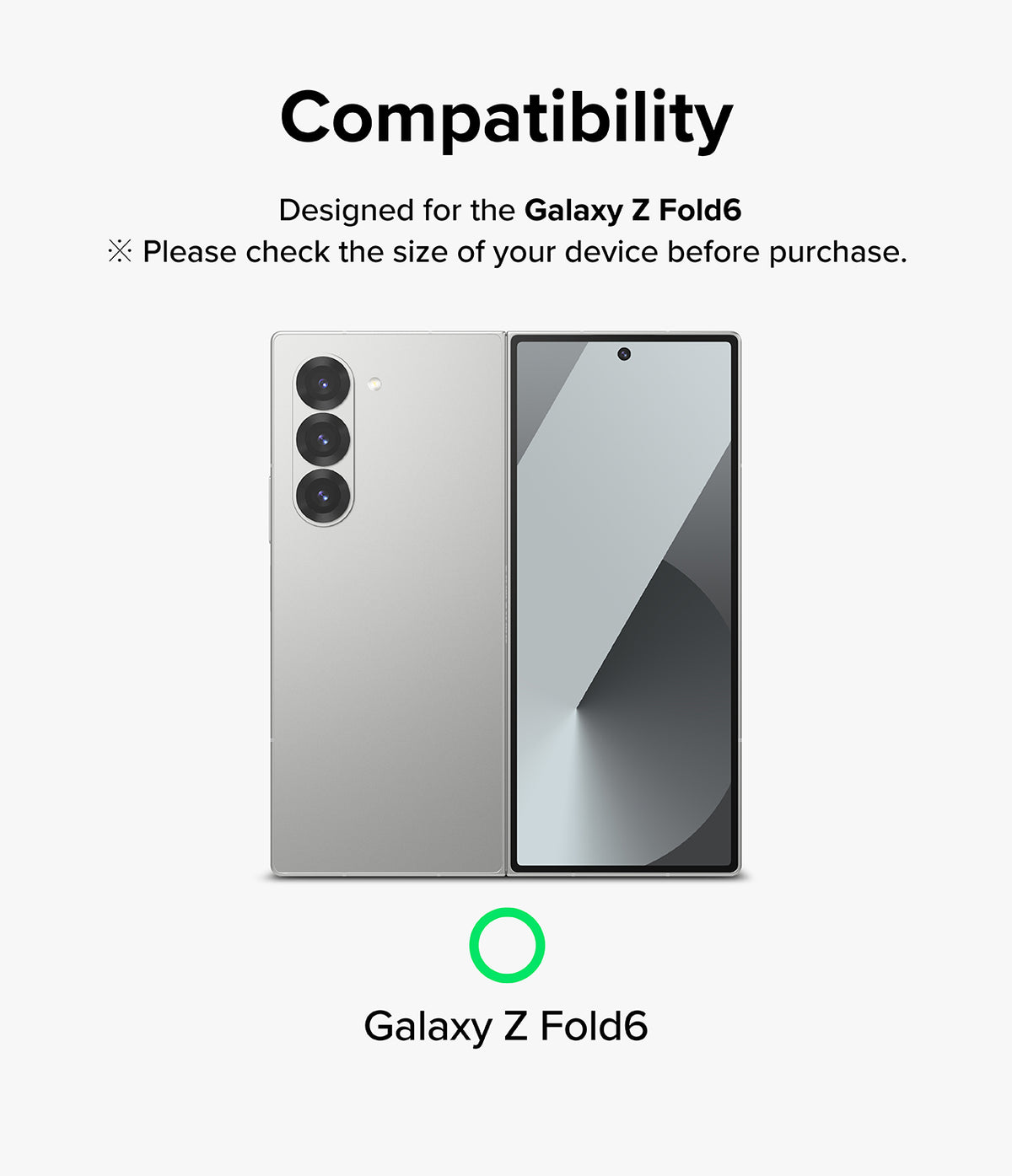 Galaxy Z Fold 6 | Camera Lens Frame Glass (2 Pack) - Galaxy Z Fold 6 - Compatibility graphic showing a silver Galaxy Z Fold 6 phone with a green checkmark below.
