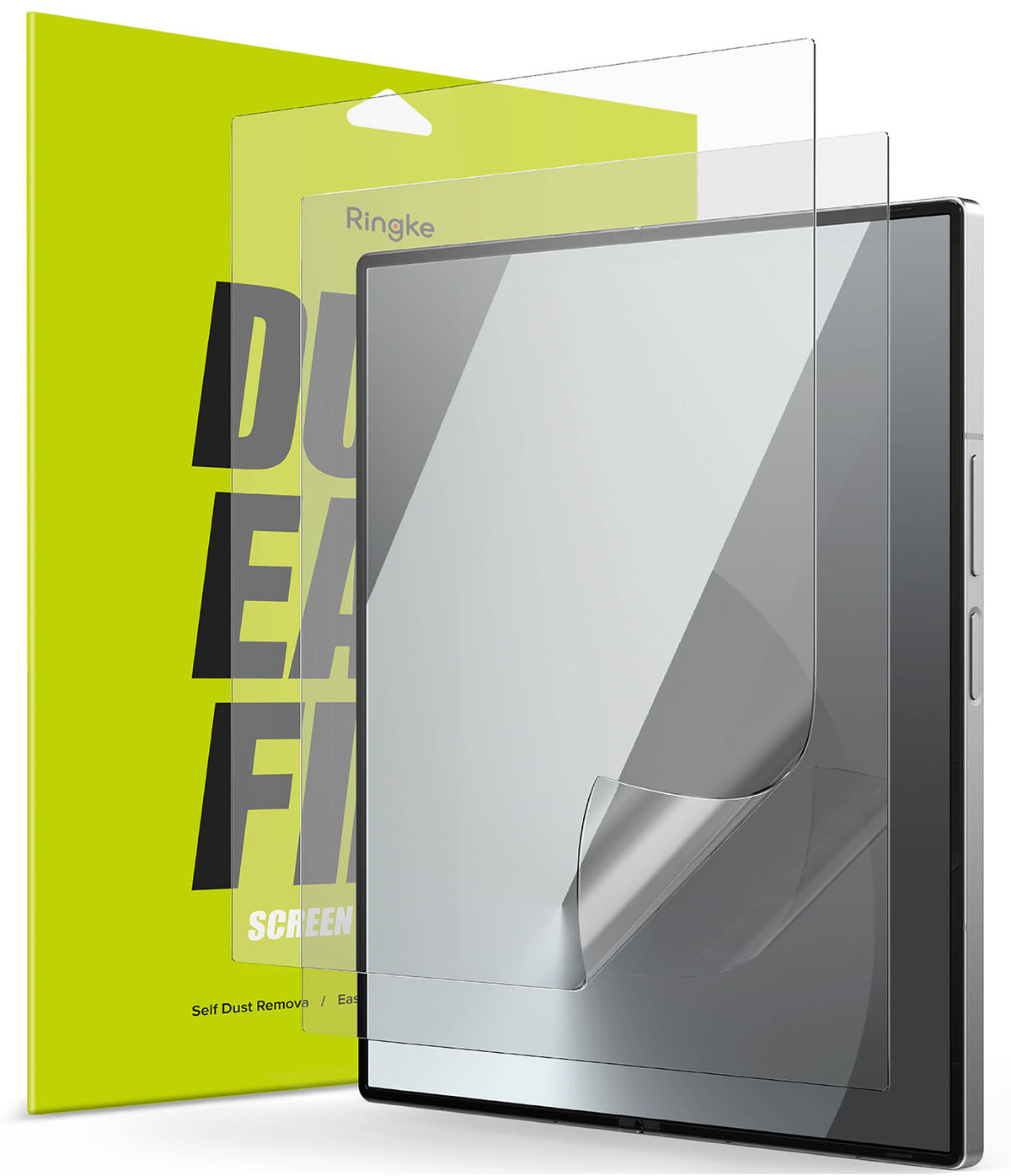 Galaxy Z Fold 6 Screen Protector | Dual Easy Film (2 Pack) - Galaxy Z Fold 6 Screen Protector - Two transparent screen films layered over a smartphone against a bright green box.