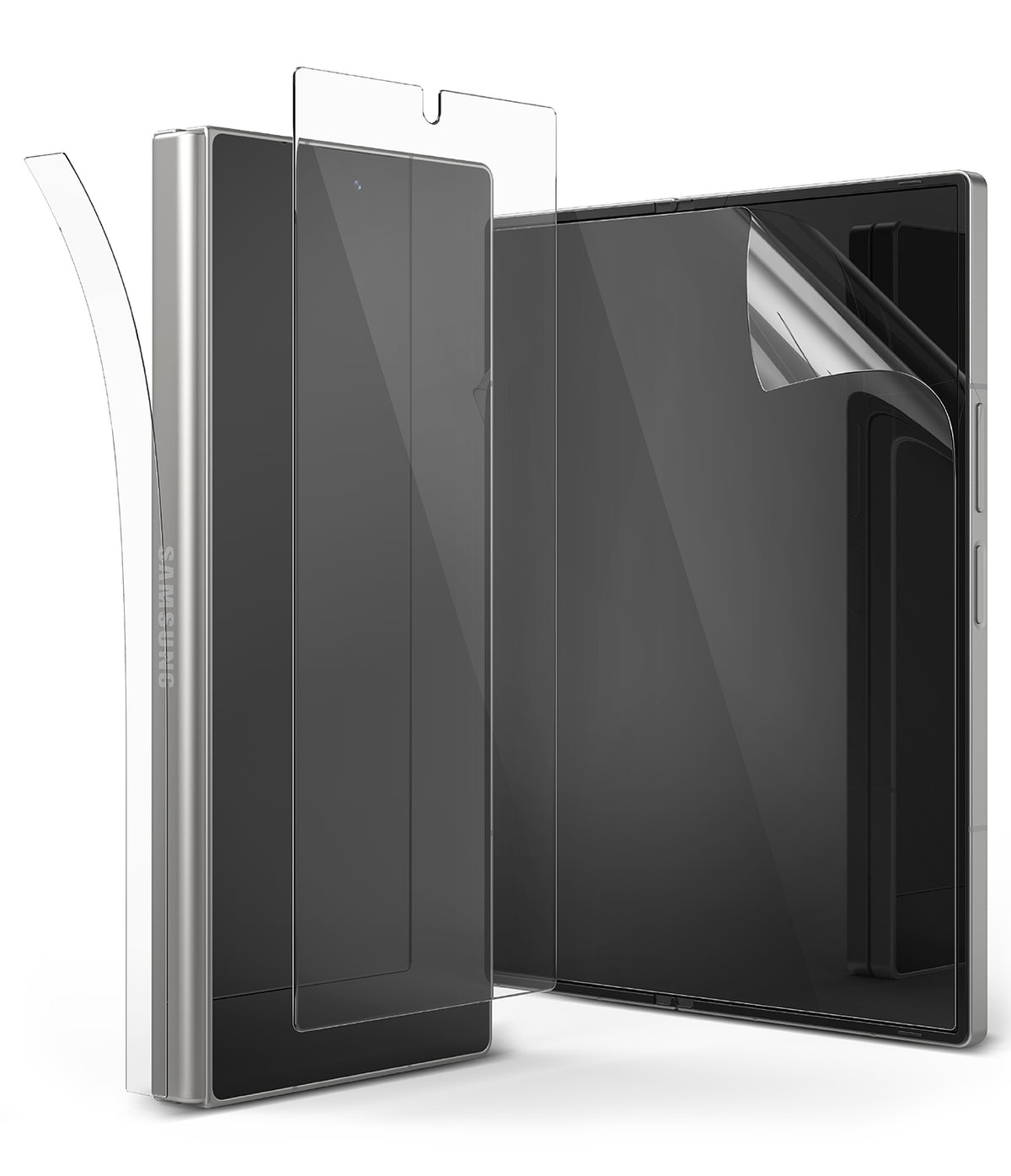 Galaxy Z Fold 6 | 3-in-1 Protector - Foldable phone with transparent screen protector films being applied to its surfaces.