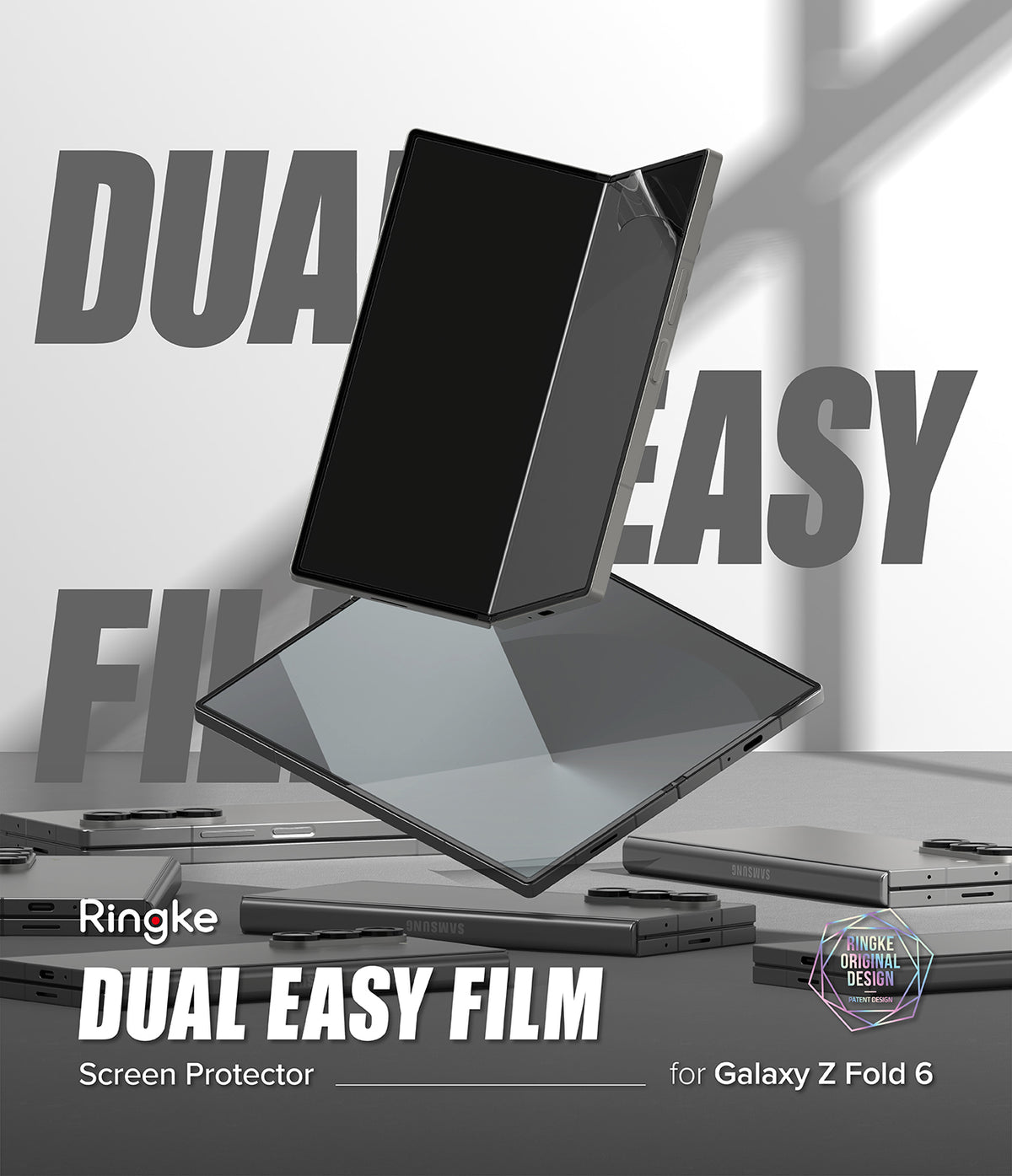 Galaxy Z Fold 6 Screen Protector | Dual Easy Film (2 Pack) - Galaxy Z Fold 6 Screen Protector - A foldable phone with a screen protector floating above several closed Galaxy Z Fold 6s.
