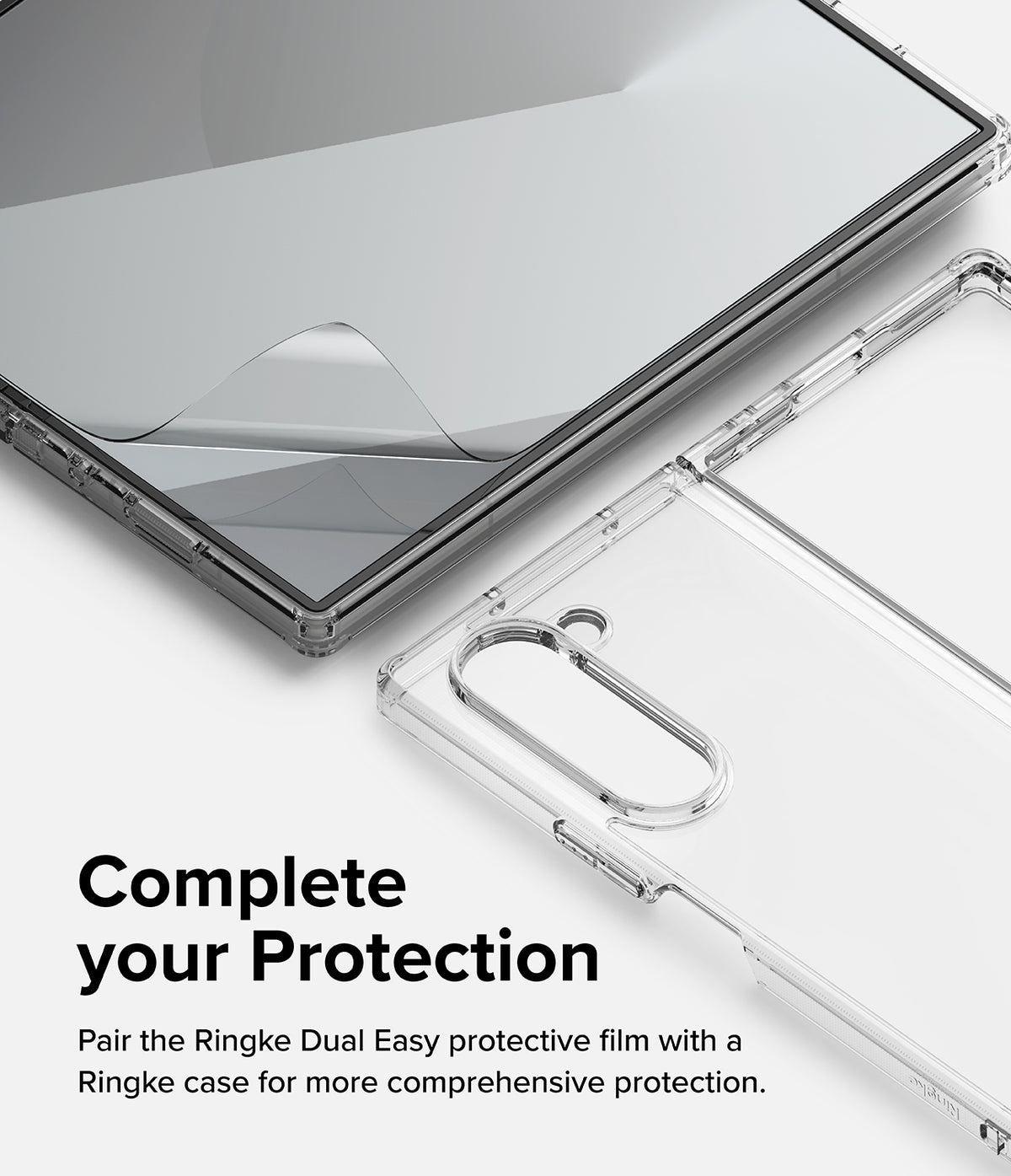 Galaxy Z Fold 6 Screen Protector | Dual Easy Film (2 Pack) - Galaxy Z Fold 6 Screen Protector - A clear protective film being applied to a phone screen next to a transparent case.