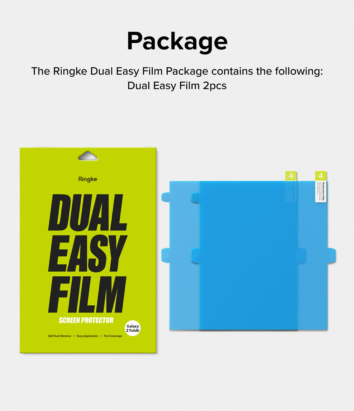 Galaxy Z Fold 6 Screen Protector | Dual Easy Film (2 Pack) - Galaxy Z Fold 6 Screen Protector - Bright green product packaging next to two blue screen protector films with tabs.