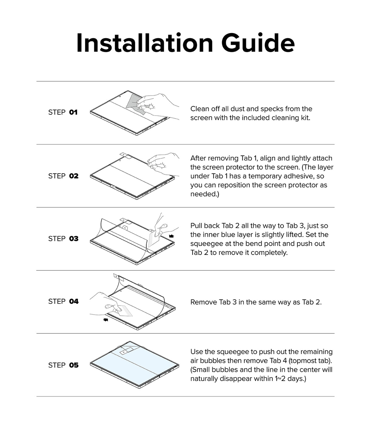 Galaxy Z Fold 6 Screen Protector | Dual Easy Film (2 Pack) - Galaxy Z Fold 6 Screen Protector - Five-step illustrated guide showing how to clean, align, and apply the screen protector.