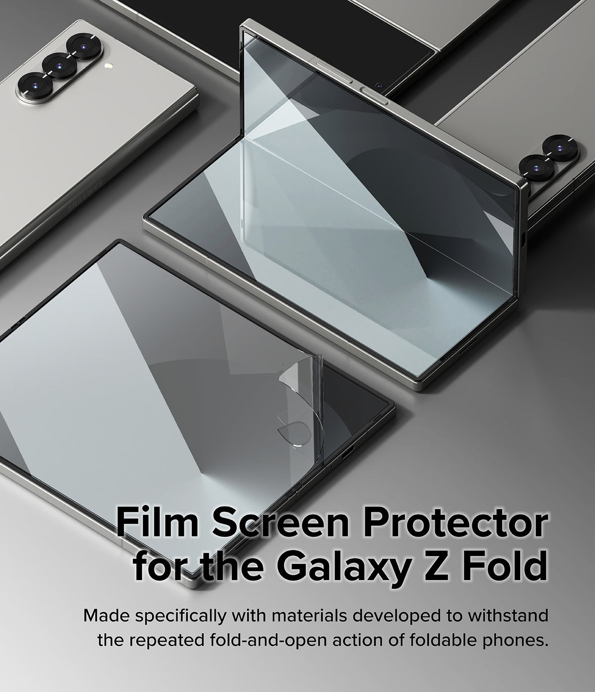 Galaxy Z Fold 6 Screen Protector | Dual Easy Film (2 Pack) - Galaxy Z Fold 6 Screen Protector - A clear film being applied to a partially folded Galaxy Z Fold smartphone.