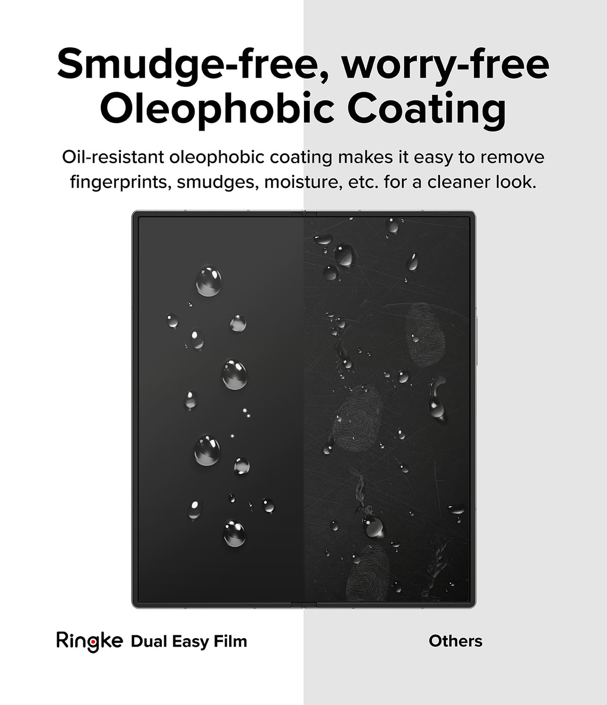 Galaxy Z Fold 6 Screen Protector | Dual Easy Film (2 Pack) - Galaxy Z Fold 6 Screen Protector - Comparison showing clean Ringke film vs. smudged, water-spotted screen on the right.