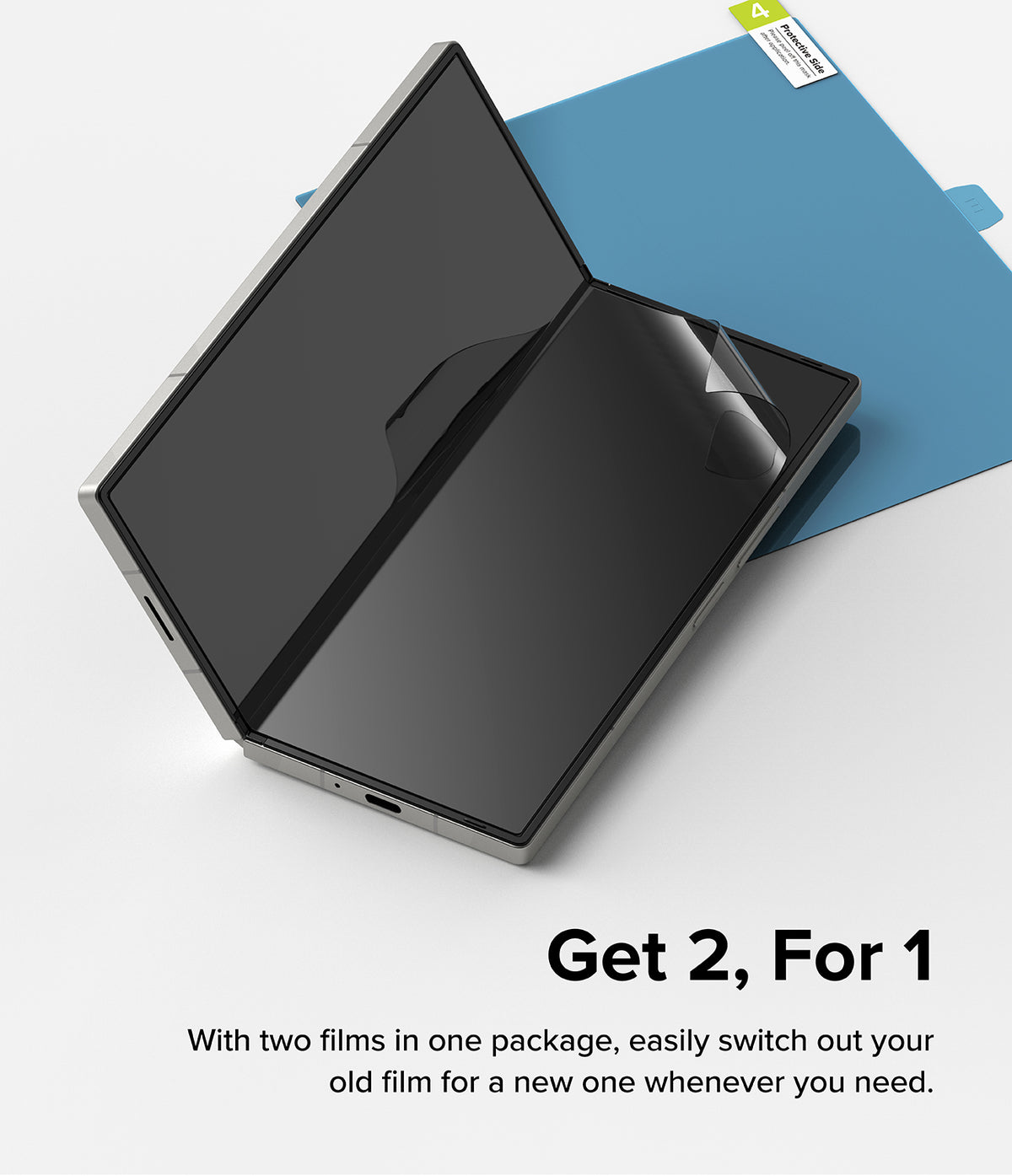 Galaxy Z Fold 6 Screen Protector | Dual Easy Film (2 Pack) - Galaxy Z Fold 6 Screen Protector - A clear screen film being applied to a Galaxy Z Fold 6 with a blue installation guide.