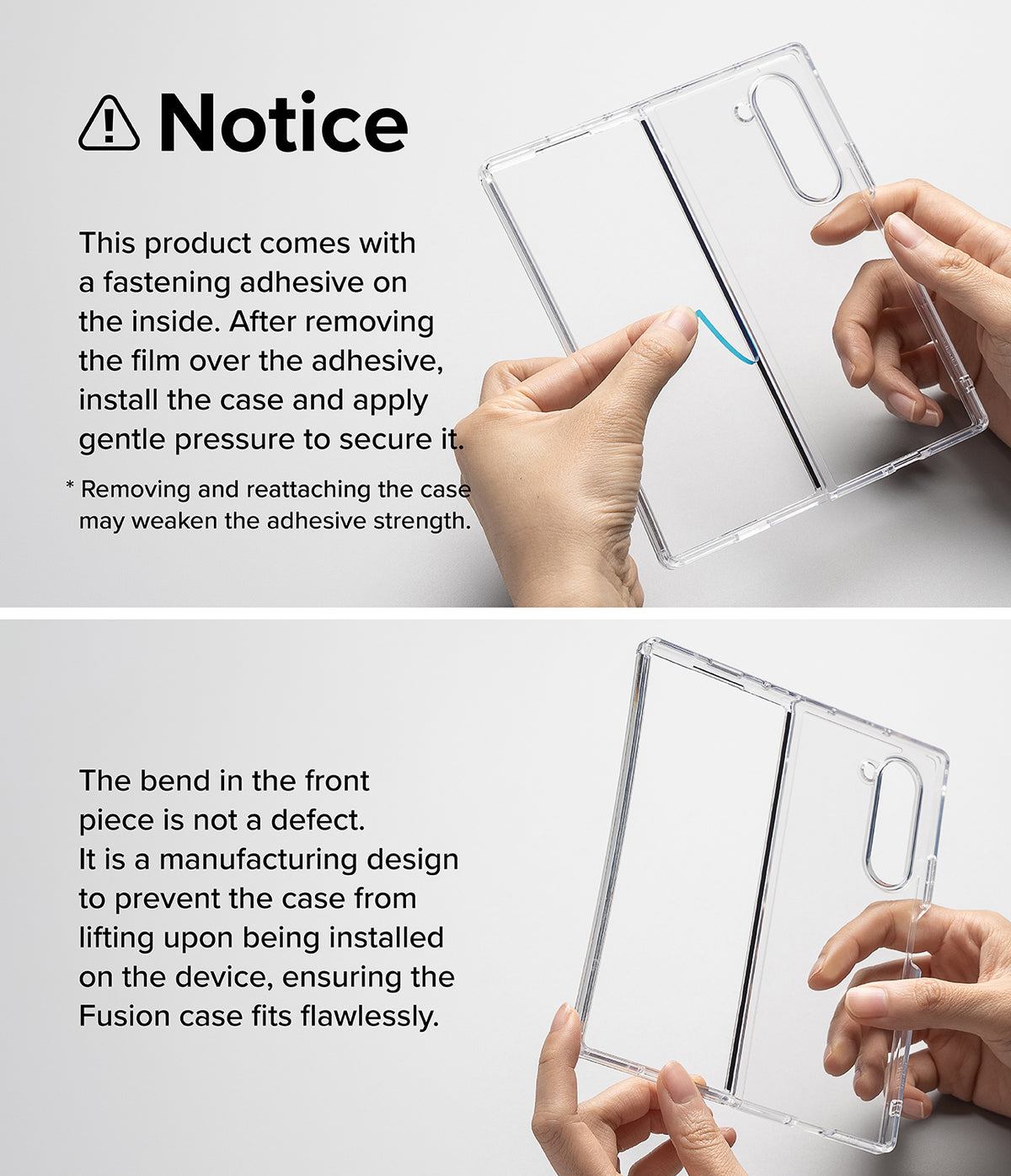 Galaxy Z Fold 6 Case | Fusion - Clear - Instructions for removing adhesive film and explanation of the case's design.