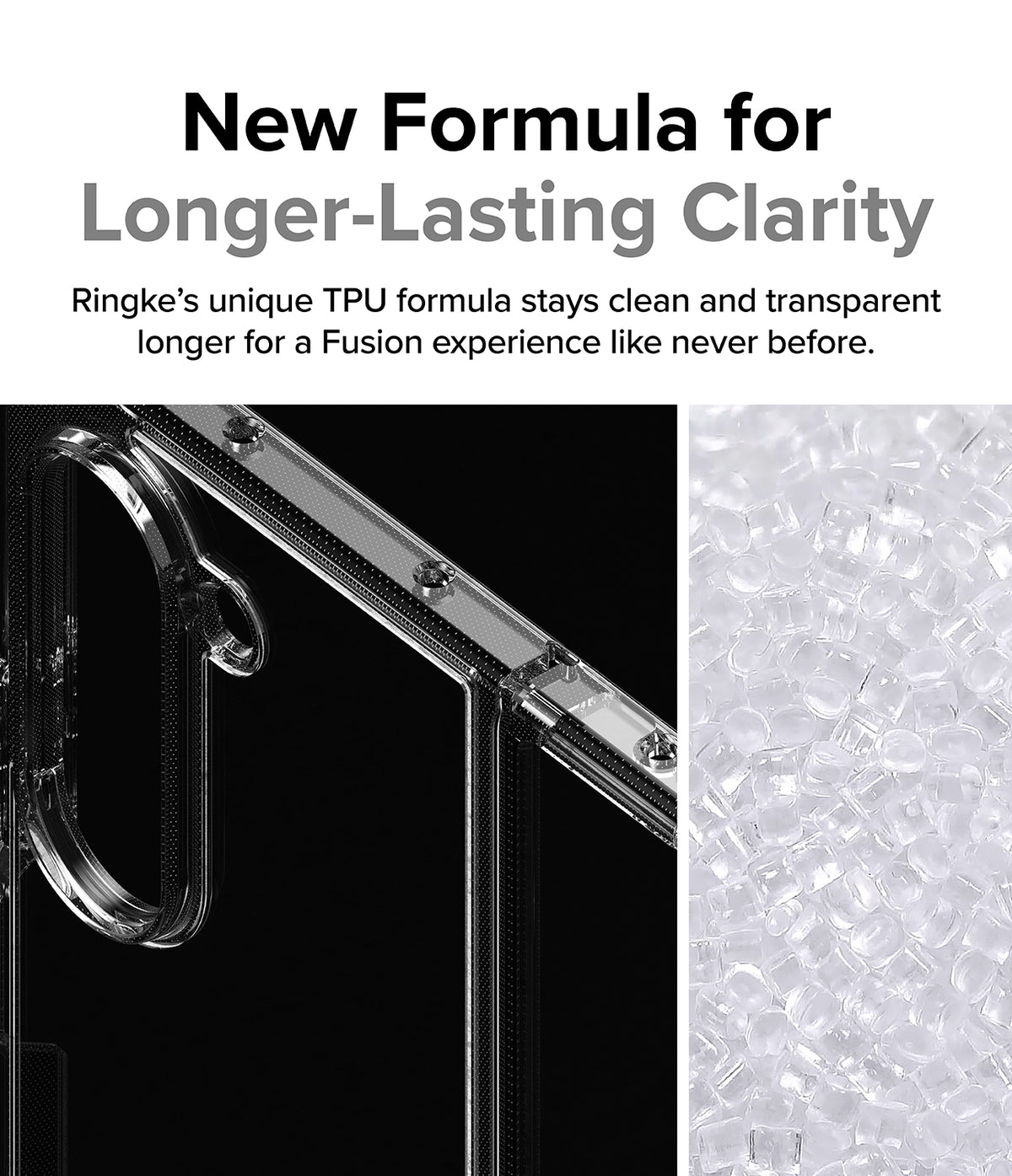 Galaxy Z Fold 6 Case | Fusion - Clear - Close-up of a clear phone case frame next to a pile of raw TPU plastic pellets.