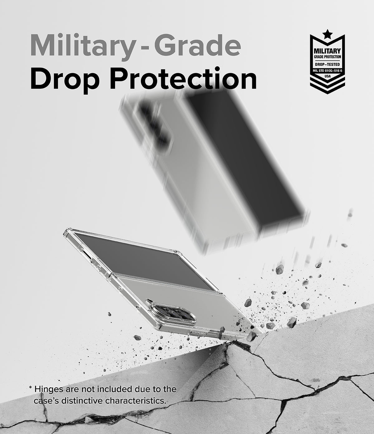 Galaxy Z Fold 6 Case | Fusion - Clear - Clear phone case falling toward cracked ground with military-grade protection badge.