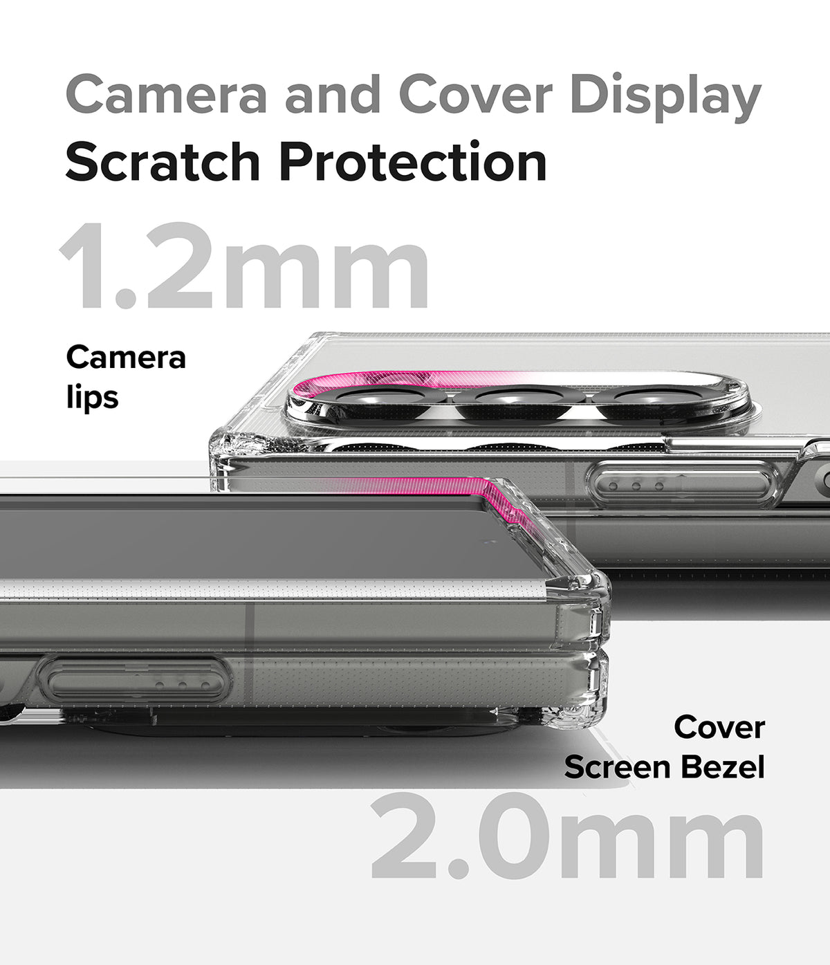 Galaxy Z Fold 6 Case | Fusion - Clear - Close-up of clear phone case highlighting 1.2mm camera lips and 2.0mm screen bezel protection.