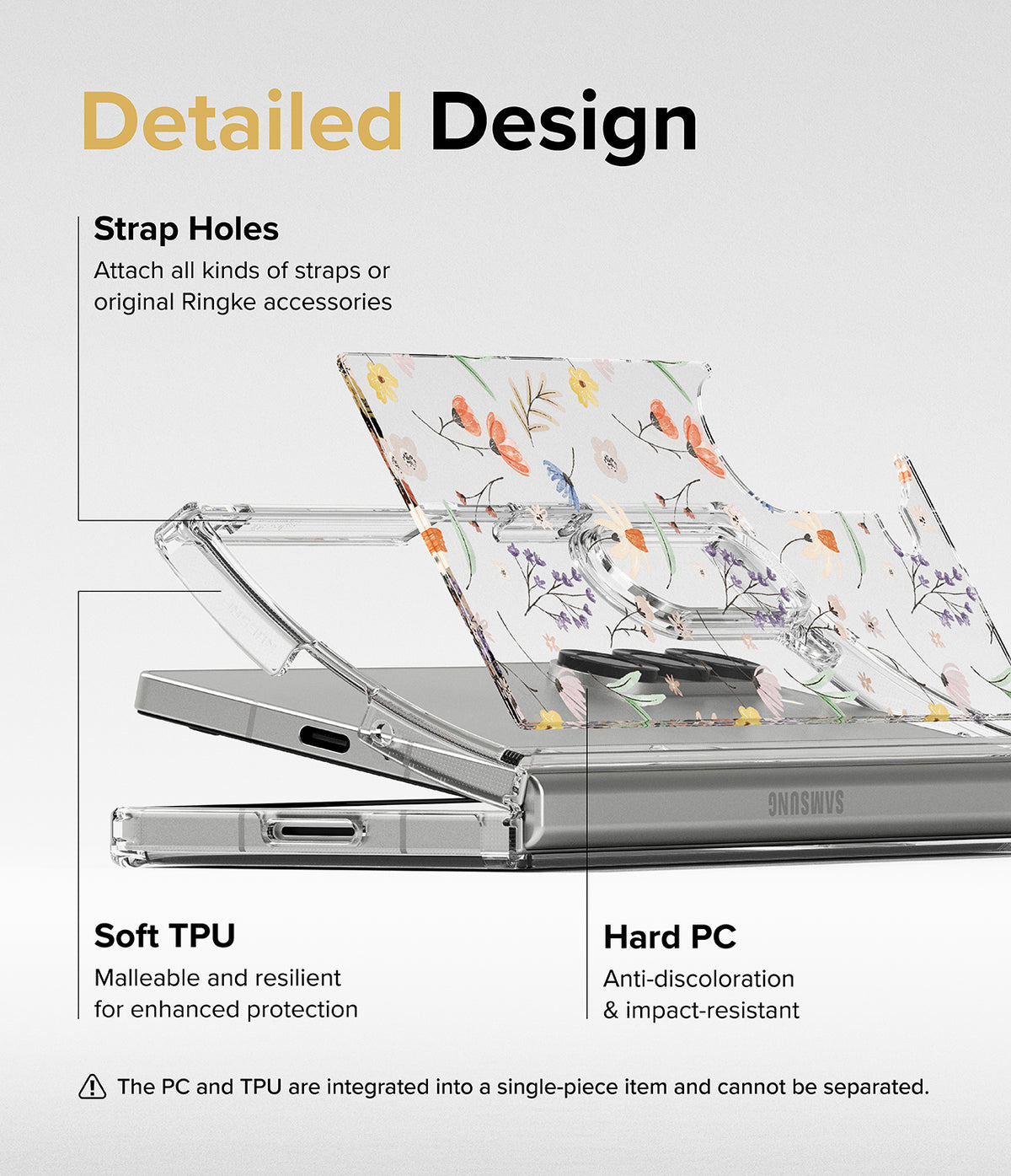 Galaxy Z Fold 6 case | Fusion Design - Floral clear case on a Galaxy Z Fold 6 highlighting strap holes, TPU, and PC.