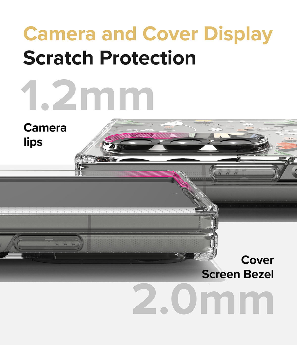 Galaxy Z Fold 6 case | Fusion Design - Close-up of phone case highlighting 1.2mm camera lips and 2.0mm cover screen bezel protection.