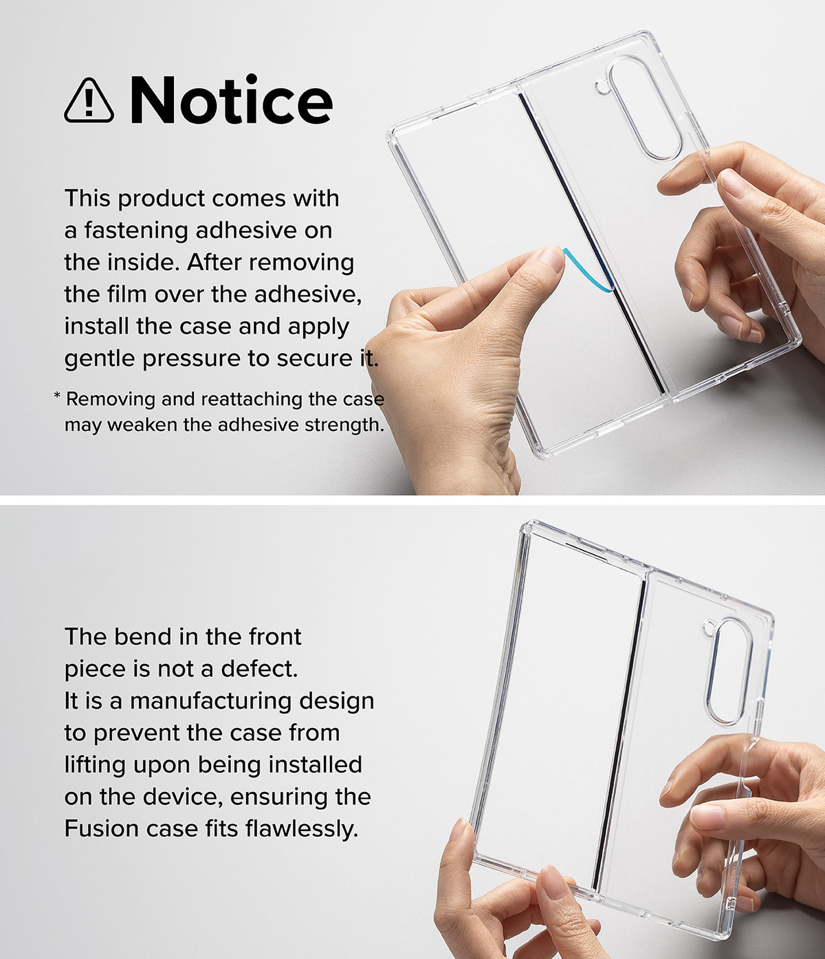 Galaxy Z Fold 6 case | Fusion Design - Hands peeling adhesive film from a clear phone case and showing the case's intentional bend.