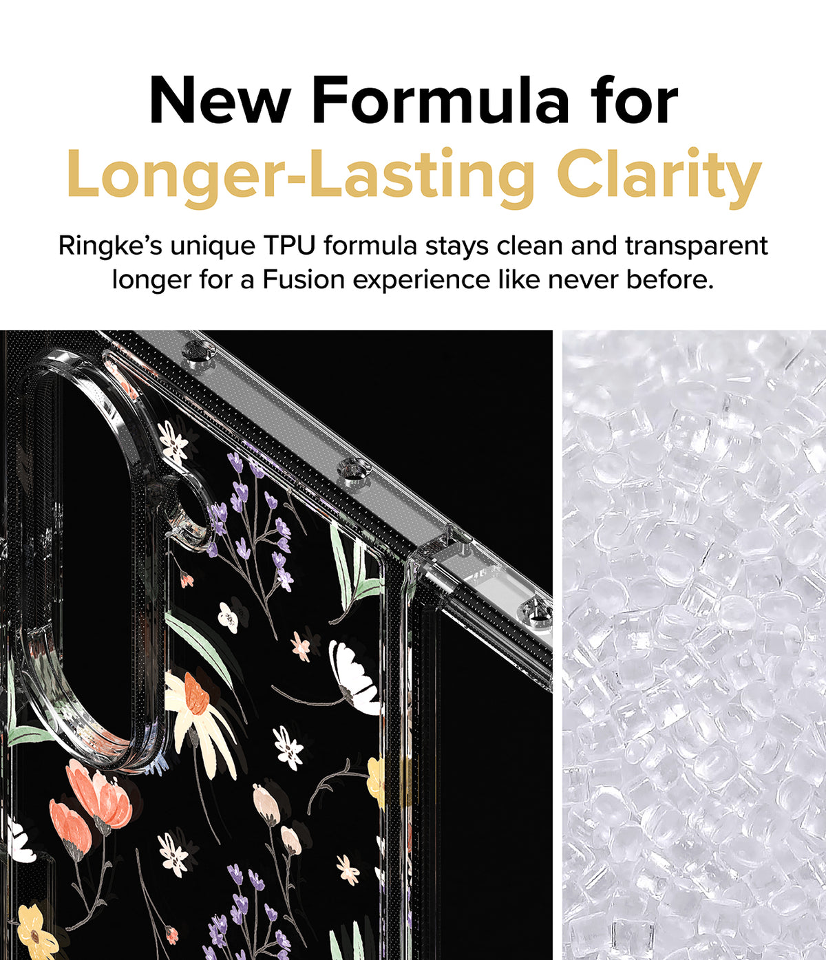 Galaxy Z Fold 6 case | Fusion Design - Clear phone case with floral pattern next to a pile of raw TPU plastic pellets.