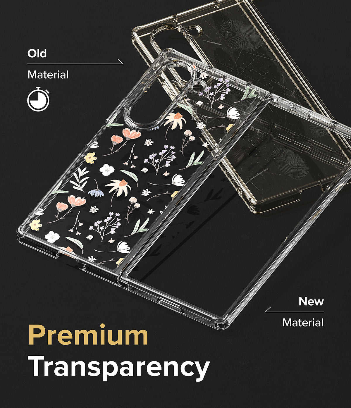 Galaxy Z Fold 6 case | Fusion Design - Comparison of a yellowed old phone case and a clear new floral case.