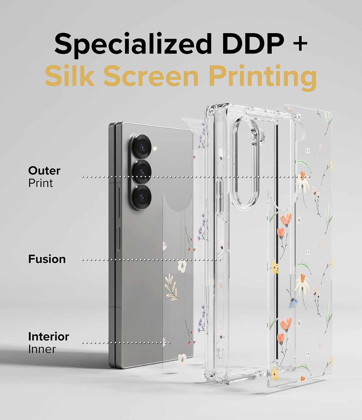 Galaxy Z Fold 6 case | Fusion Design - Exploded view of a phone case showing outer print, fusion layer, and inner print.