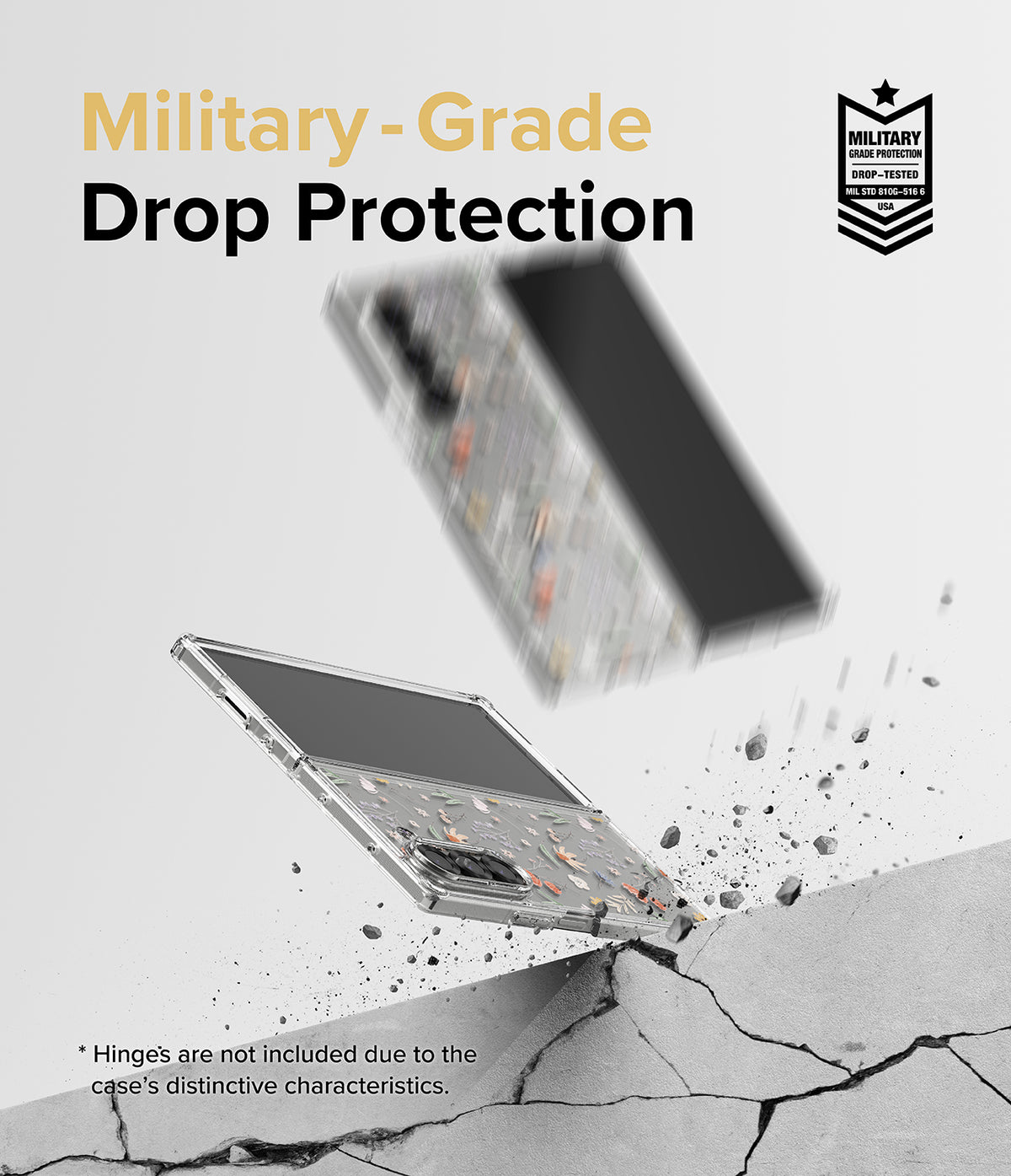 Galaxy Z Fold 6 case | Fusion Design - Floral phone case falling onto concrete with military-grade drop protection icon.